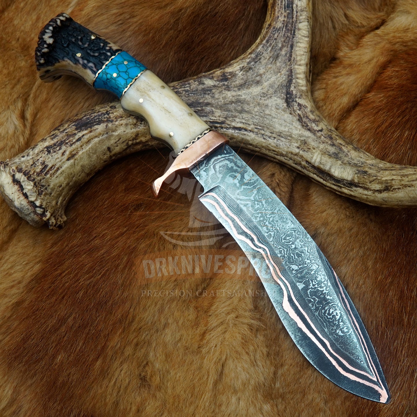 Handmade Copper Damascus Steel Kukri Knife – Bone, Crown Stag & Turquoise Handle 
