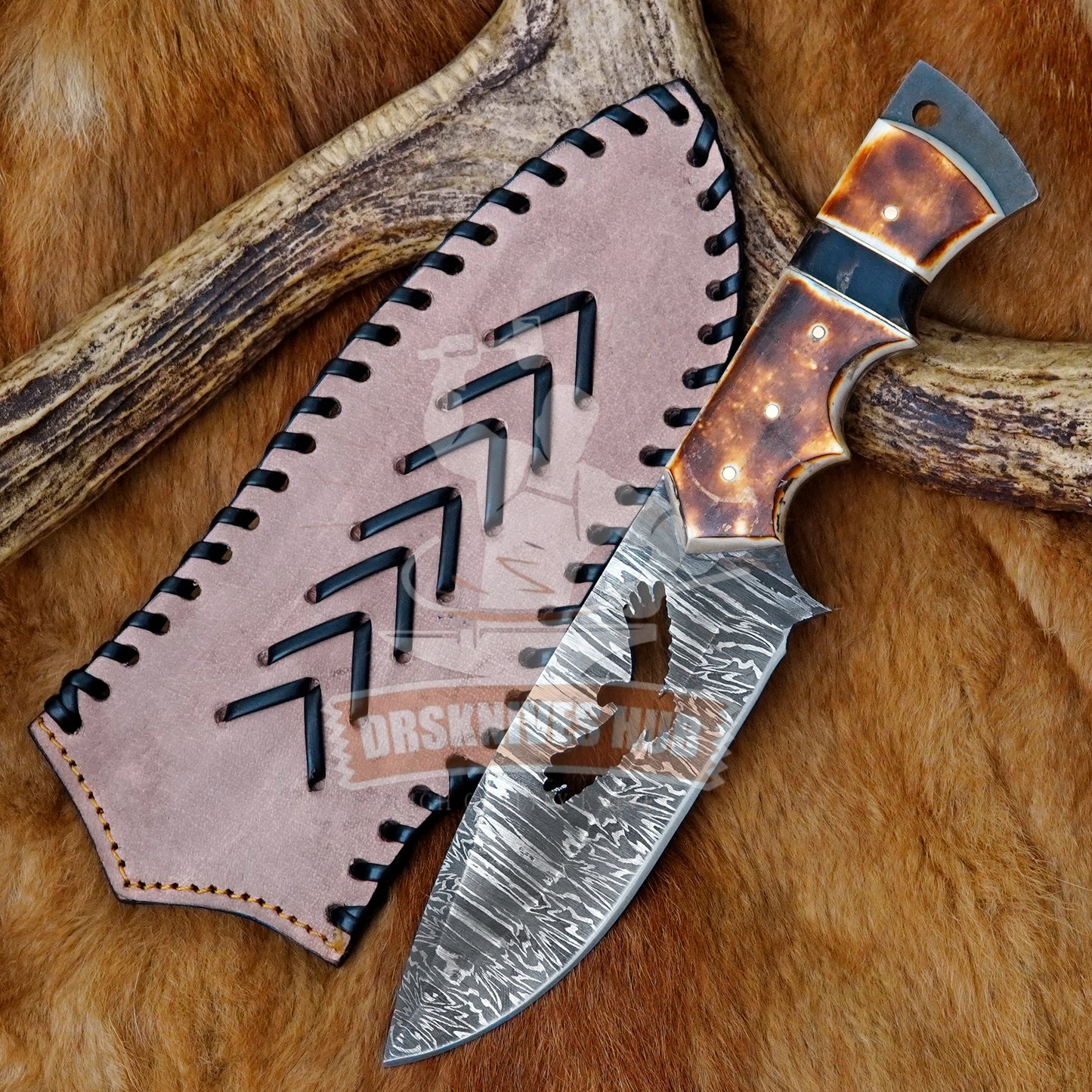 10"Hunting Knife Handmade Damascus Steel  – Bone Handle & Leather Sheath | DRSKNIVES HUB