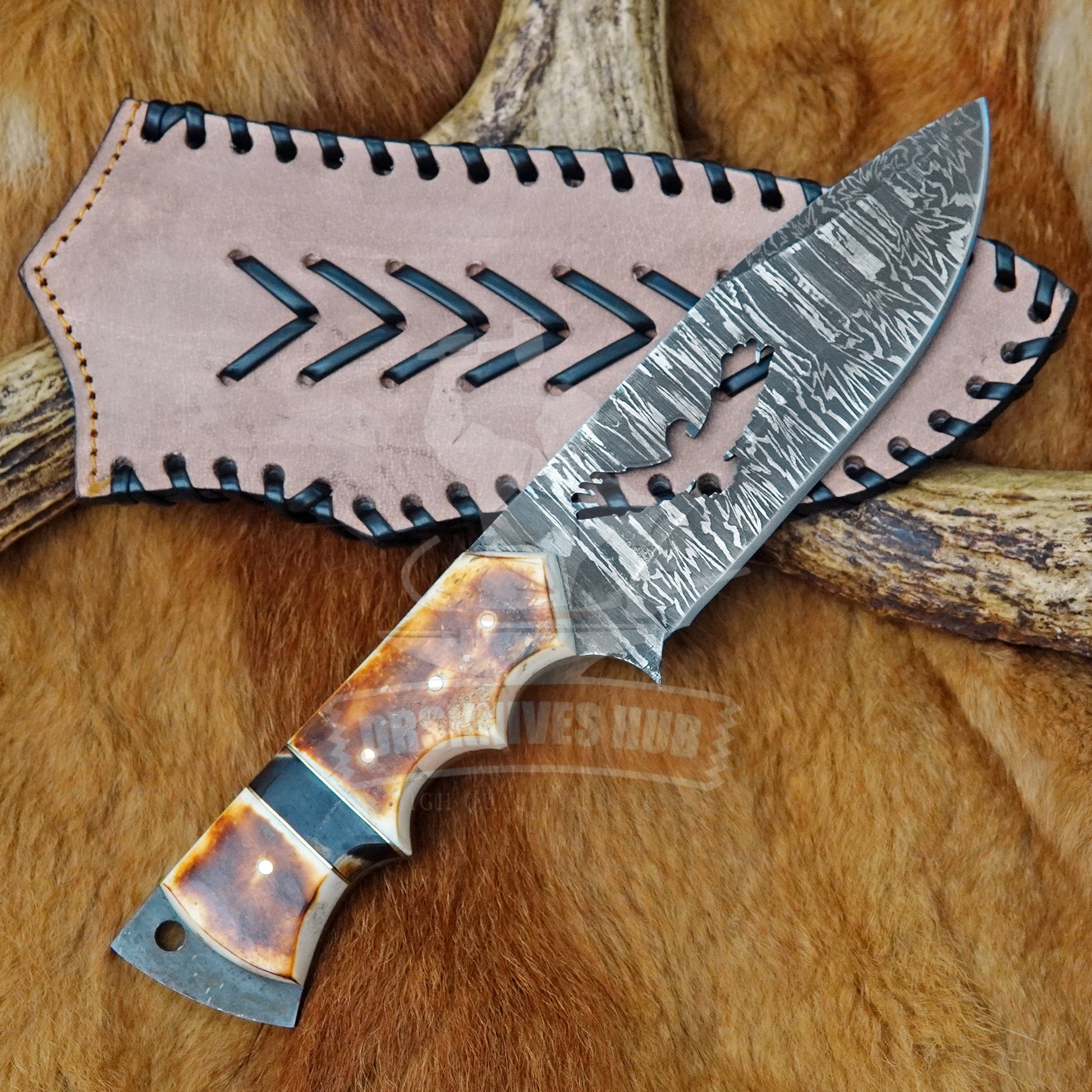 10"Hunting Knife Handmade Damascus Steel  – Bone Handle & Leather Sheath | DRSKNIVES HUB