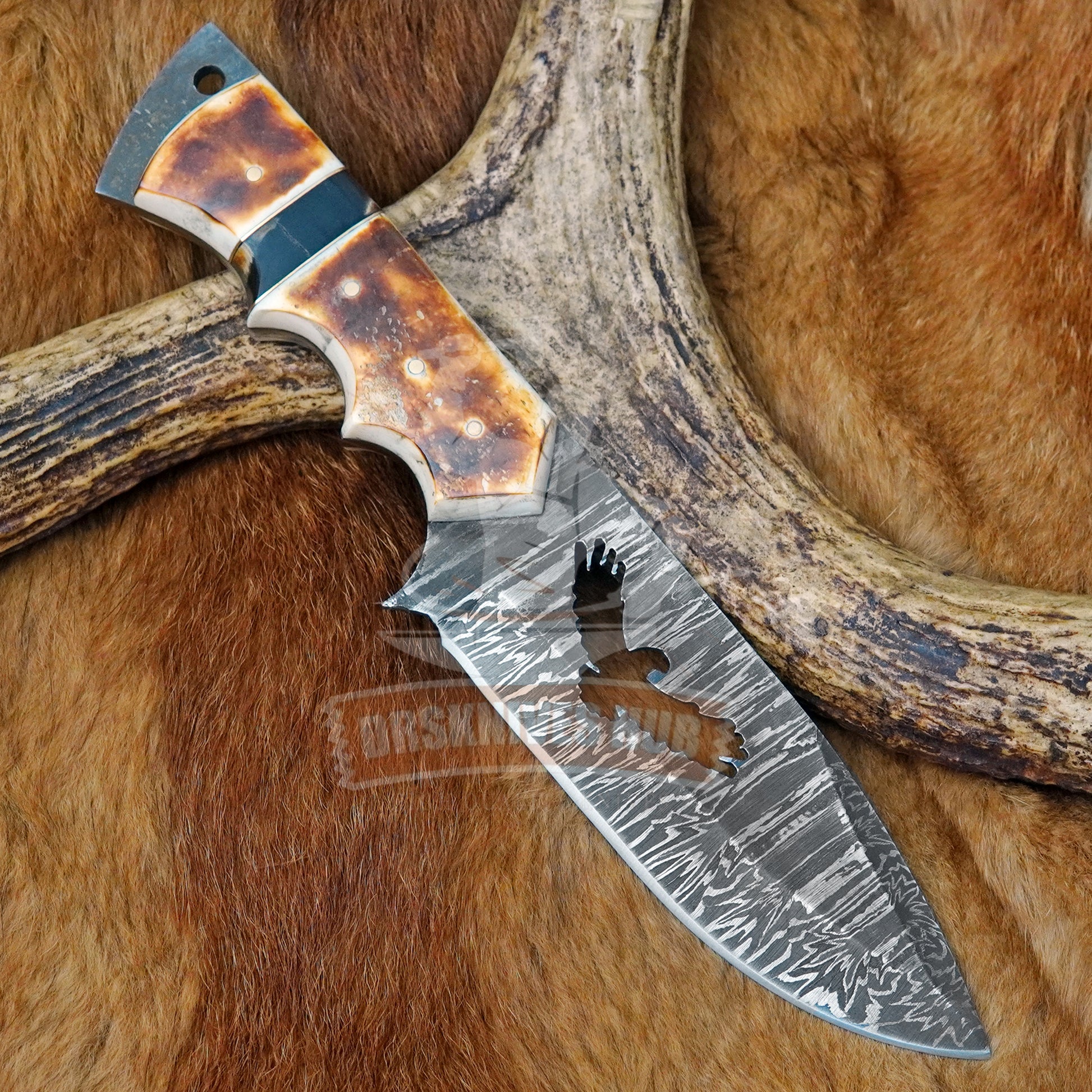 10"Hunting Knife Handmade Damascus Steel  – Bone Handle & Leather Sheath | DRSKNIVES HUB