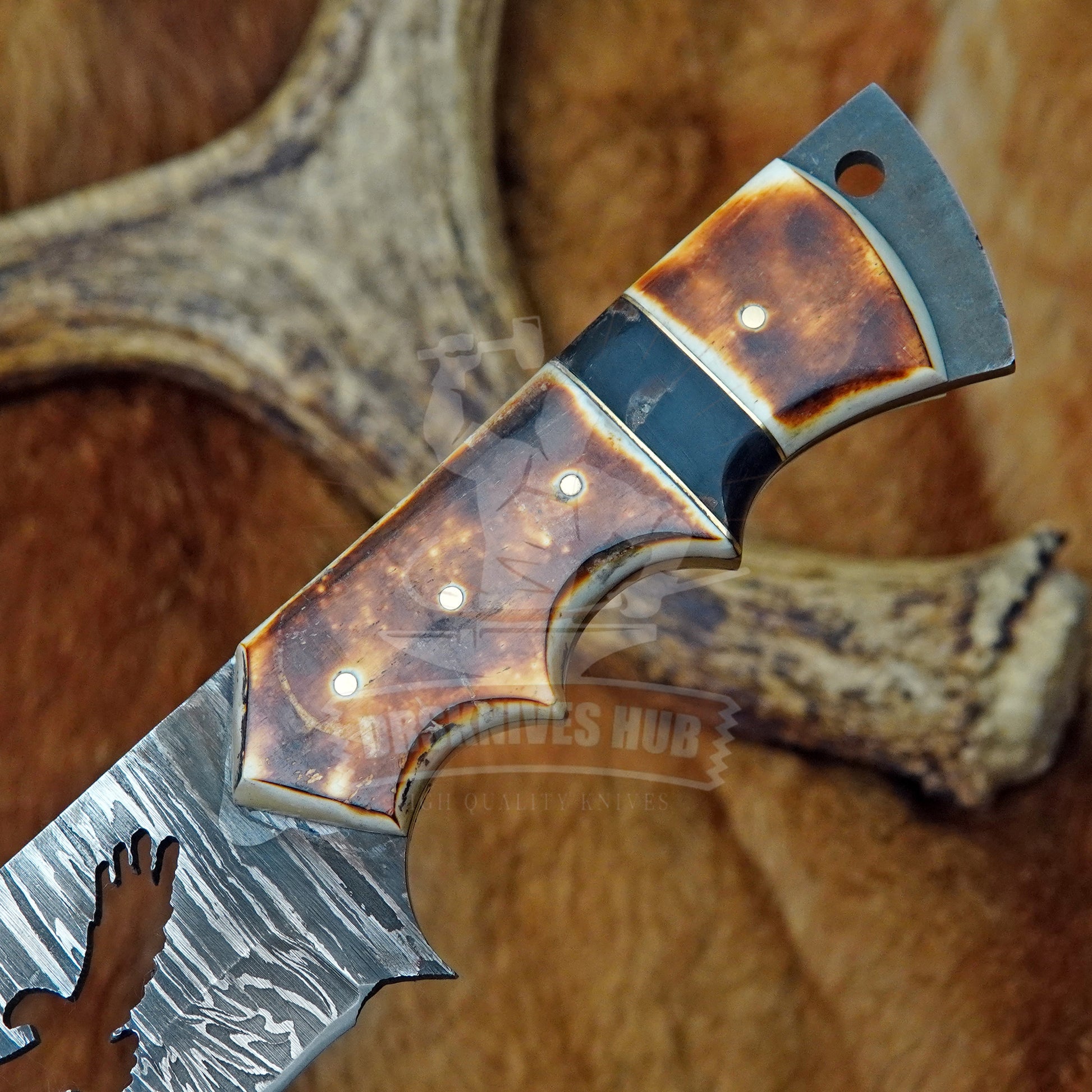 10"Hunting Knife Handmade Damascus Steel  – Bone Handle & Leather Sheath | DRSKNIVES HUB