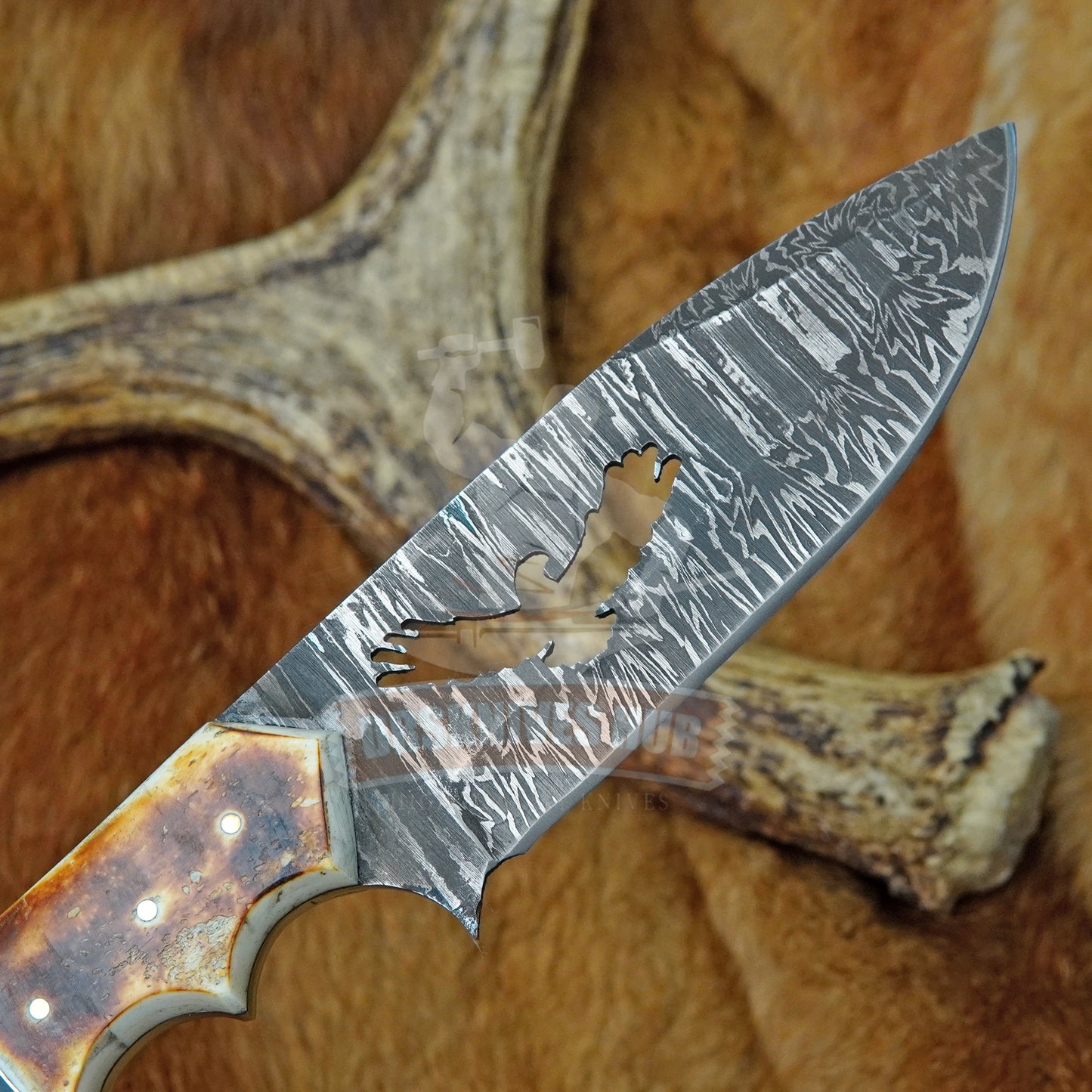 10"Hunting Knife Handmade Damascus Steel  – Bone Handle & Leather Sheath | DRSKNIVES HUB