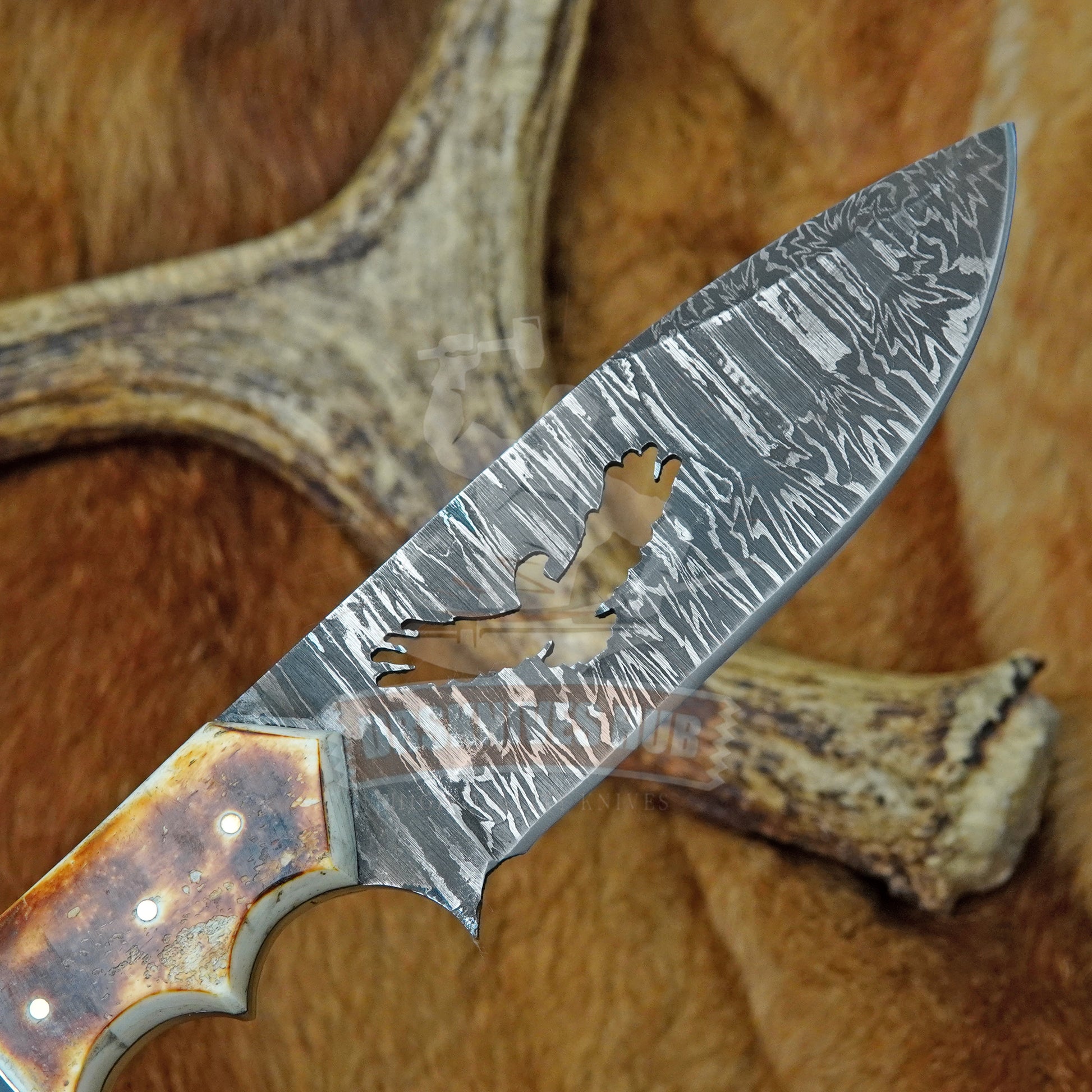 10"Hunting Knife Handmade Damascus Steel  – Bone Handle & Leather Sheath | DRSKNIVES HUB