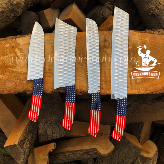 American Flag Themed Handle J2 Steel Mirror polished Handmade Chef Set