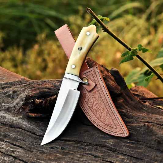 Handmade D2 Steel Skinner Knife – Crown Bone Handle, Leather Sheath