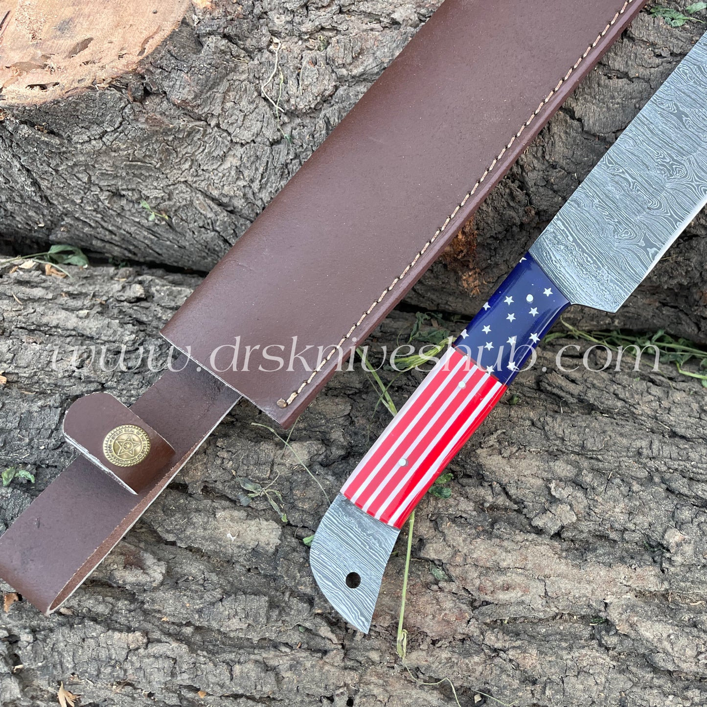 Brisket Knife With Leather Cover Custom Made Damascus Steel Blade BBQ Knife Bread Knife. Christmas Gift