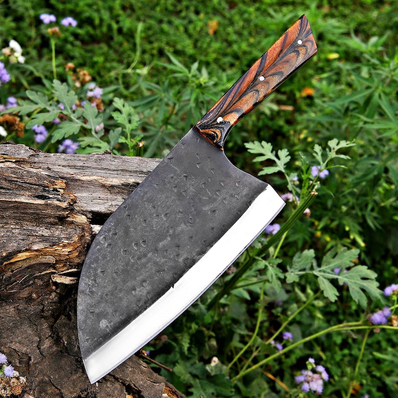 Custom Handmade Carbon Steel Blade Heavy Chopper Knife With Leather Sheath Cover Cleaver Knife