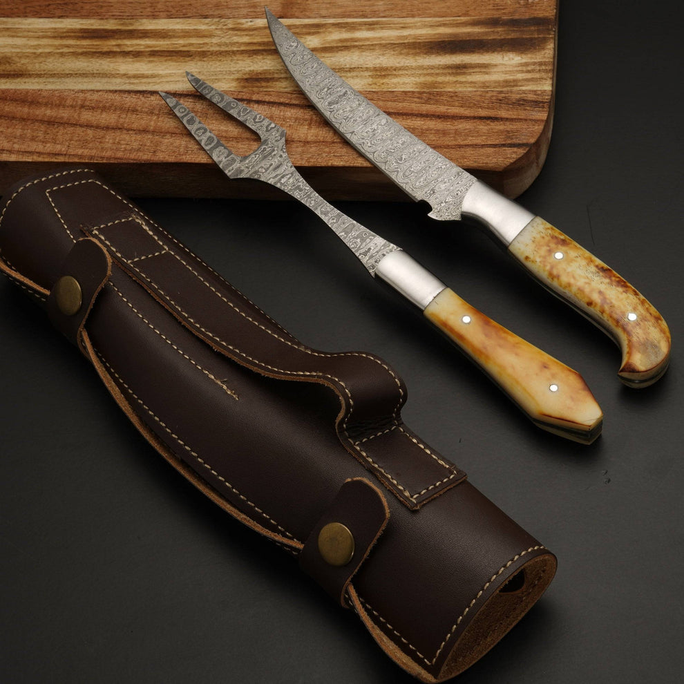 Bone handle craving knife pair with leather sheath wrap|| Drs Knives Hub