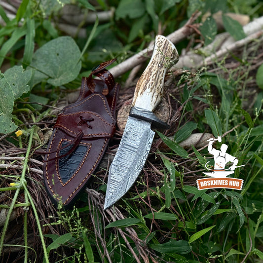 Damascus Steel Hunting Knife Antler Handle