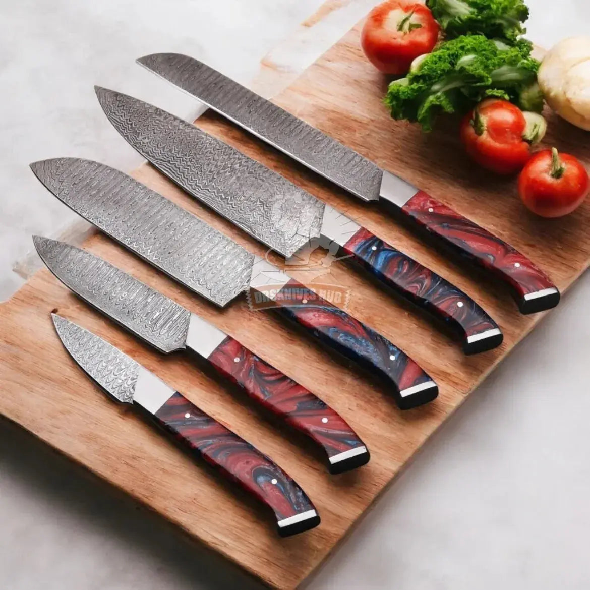 5-piece kitchen knife set leather sheath detail