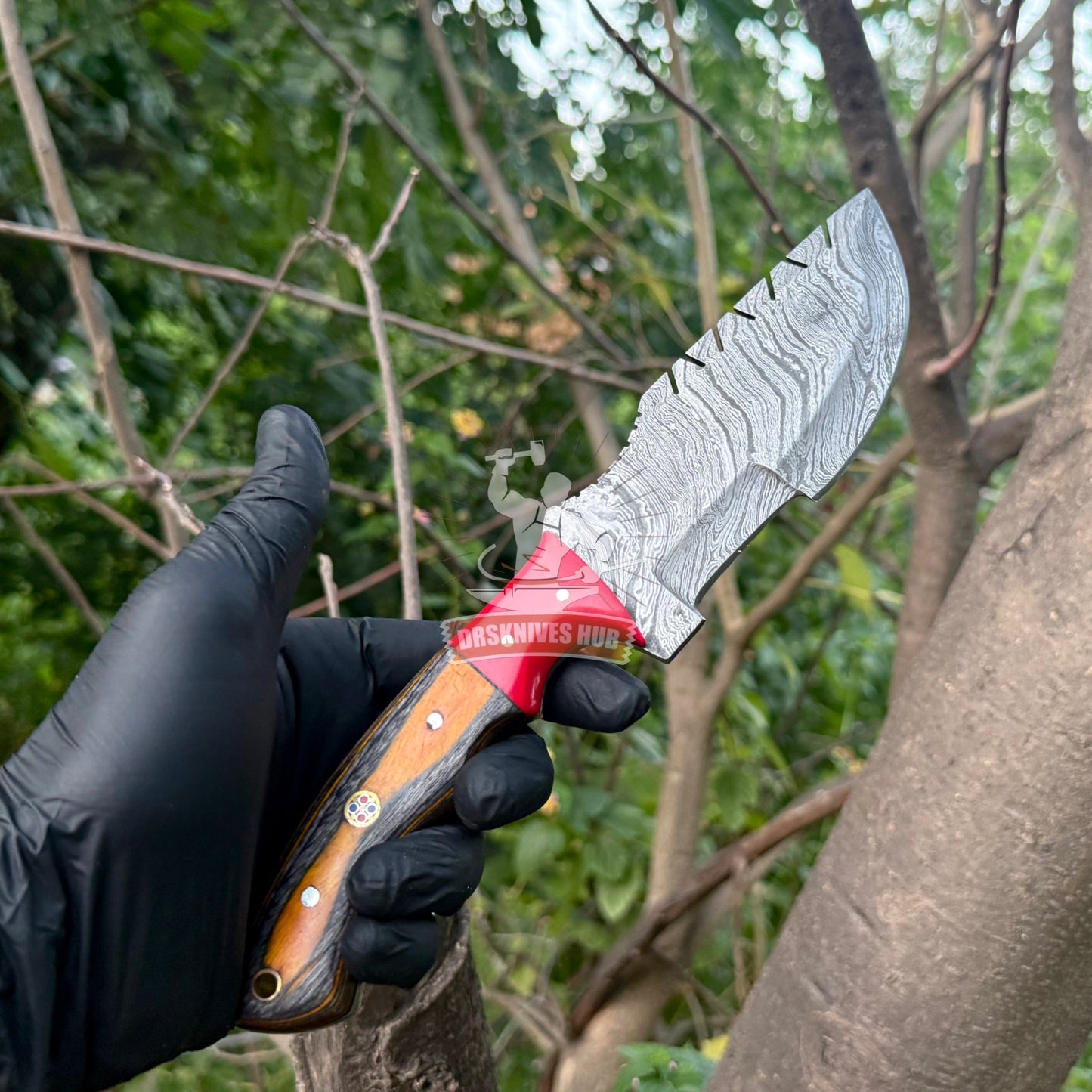 Handmade Damascus Steel Tracker Knife: 10" Hunting Knife with Leather Sheath