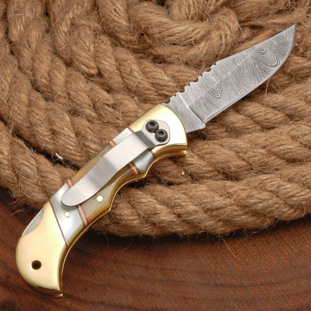 Custom handmade Damascus steel pocket knife with leather pouch || drs knives hub