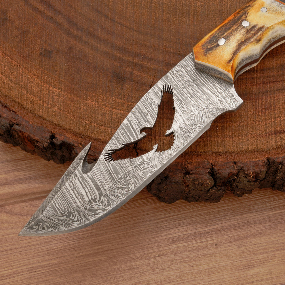 Full tang handmade Damascus steel hunting knife with leather wrap || drs knives hub