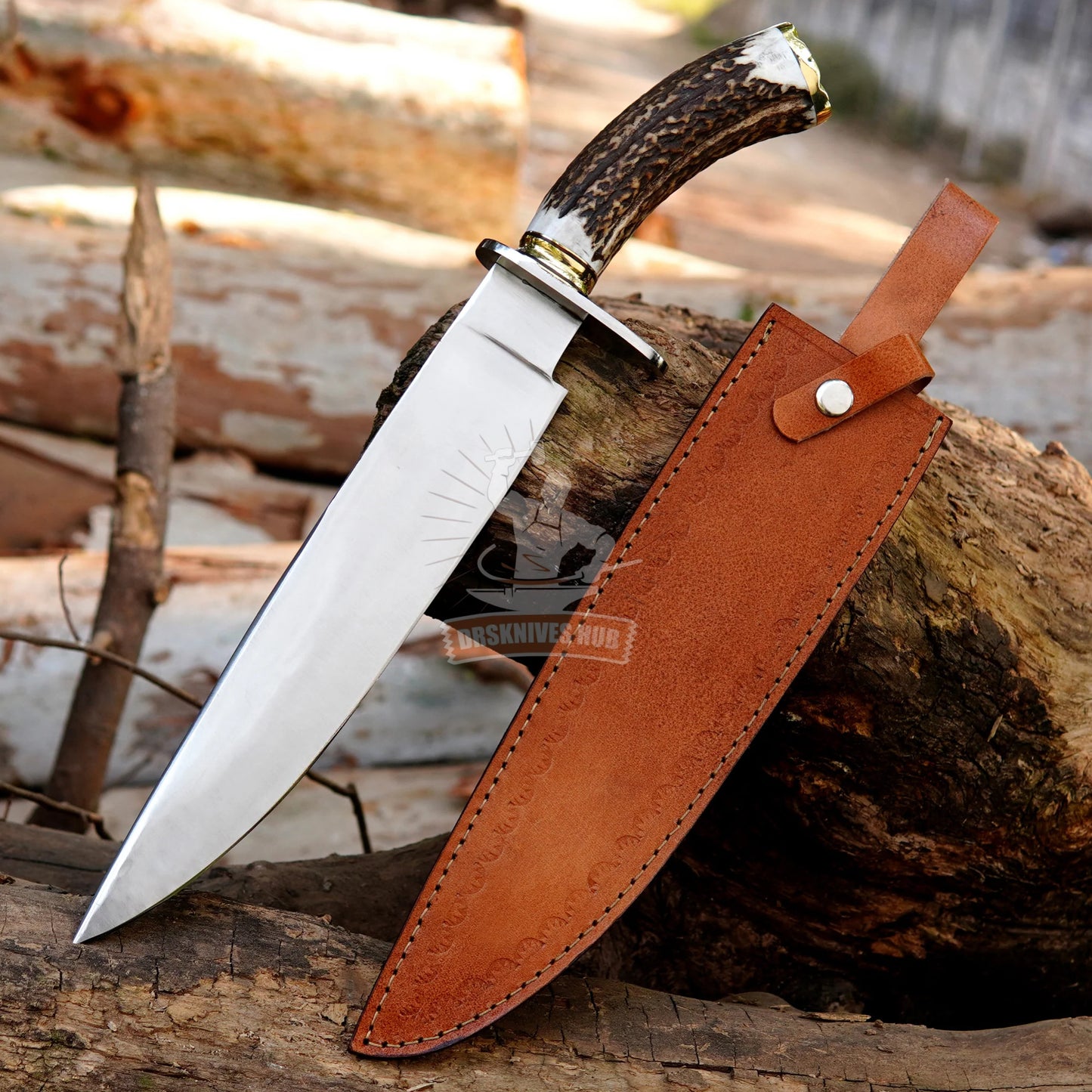 Handmade Bowie Style Knife – 16” Carbon Steel Blade with Natural Handle & Leather Sheath