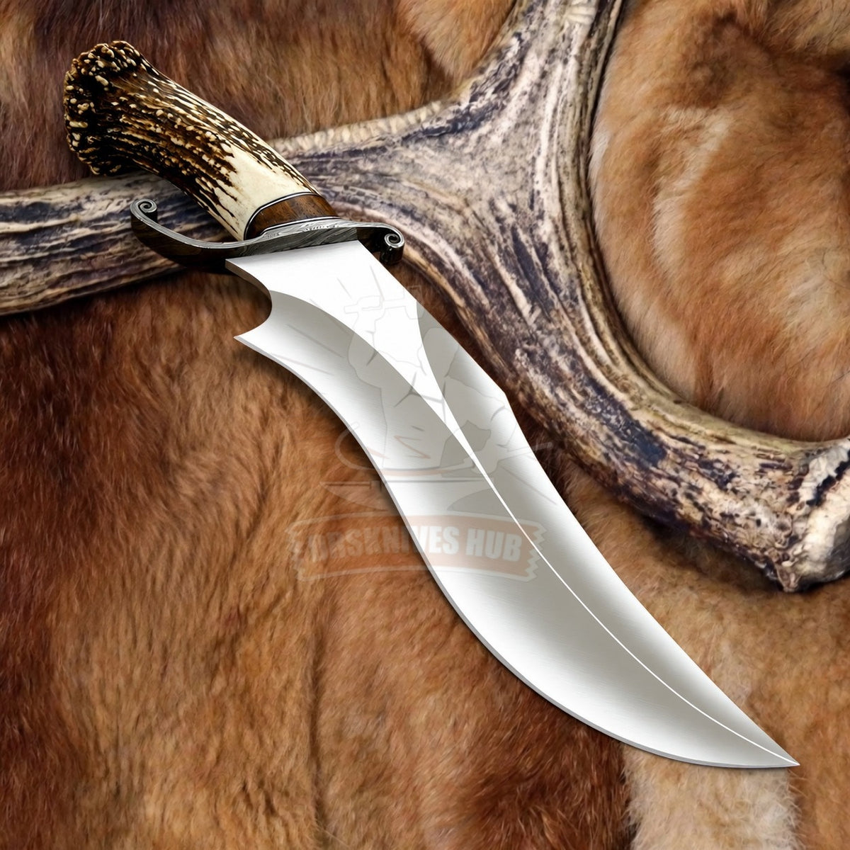 Persian-style Bowie knife with genuine stag antler crown handle, alternate product view