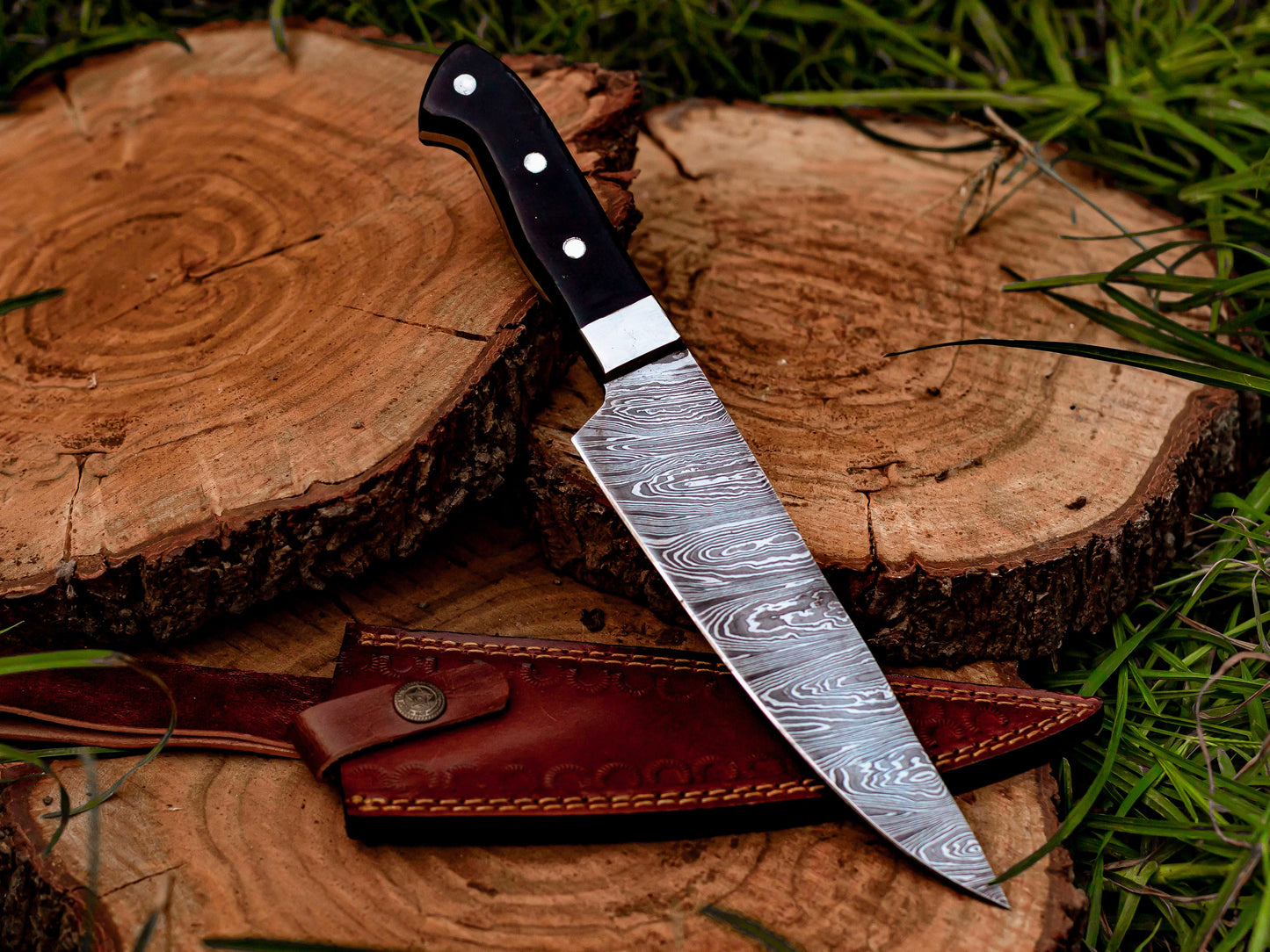 Damascus Steel Chef Knife with Black Micarta Handle & Leather Sheath Cover