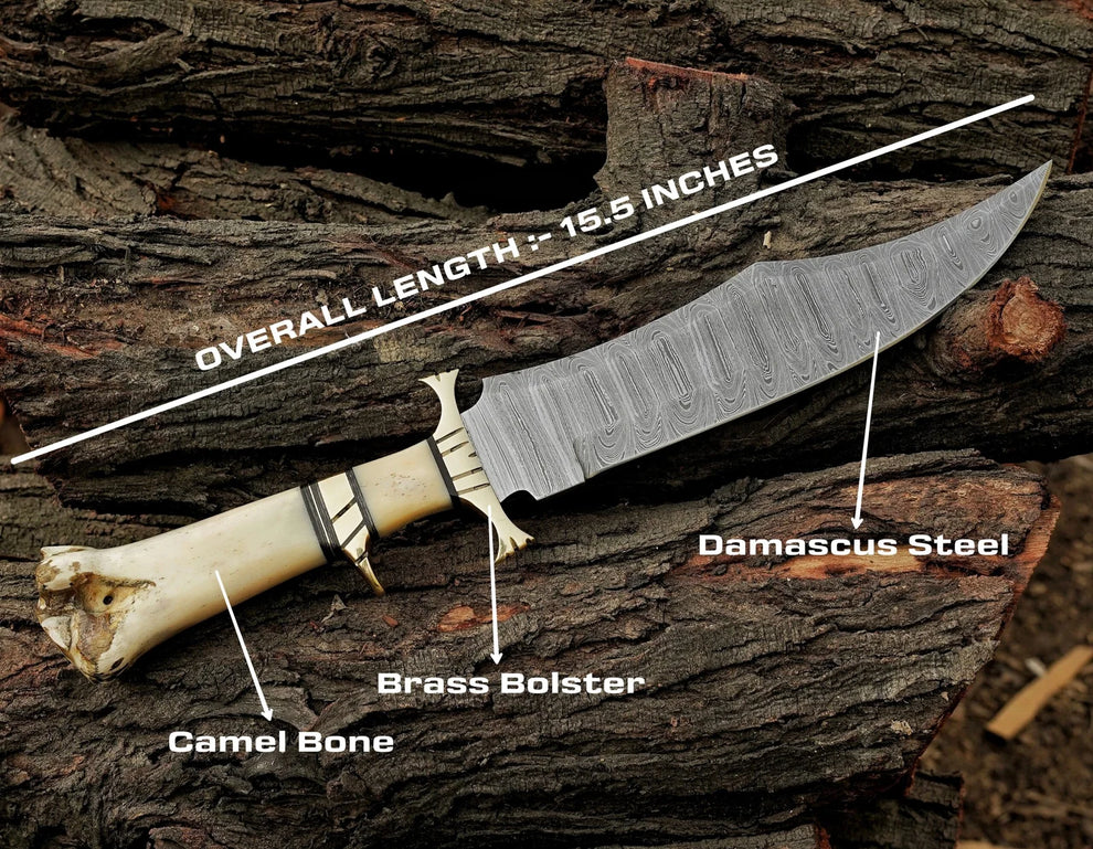 Camel Bone Handle Handmade Damascus Steel Blade Hunting ,Bowie Knife With Leather Sheath Cover