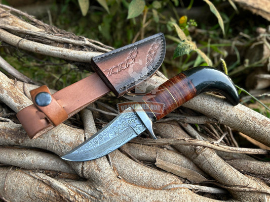 Handmade Damascus Steel Skinning Knife | Buffalo Horn & Leather Handle | DRSKNIVES HUB