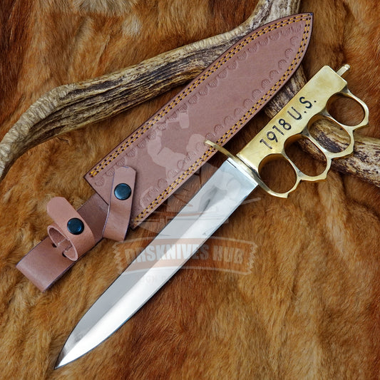 1918 US Trench Knife – Handmade Carbon Steel with Leather Sheath | DRSKNIVES HUB