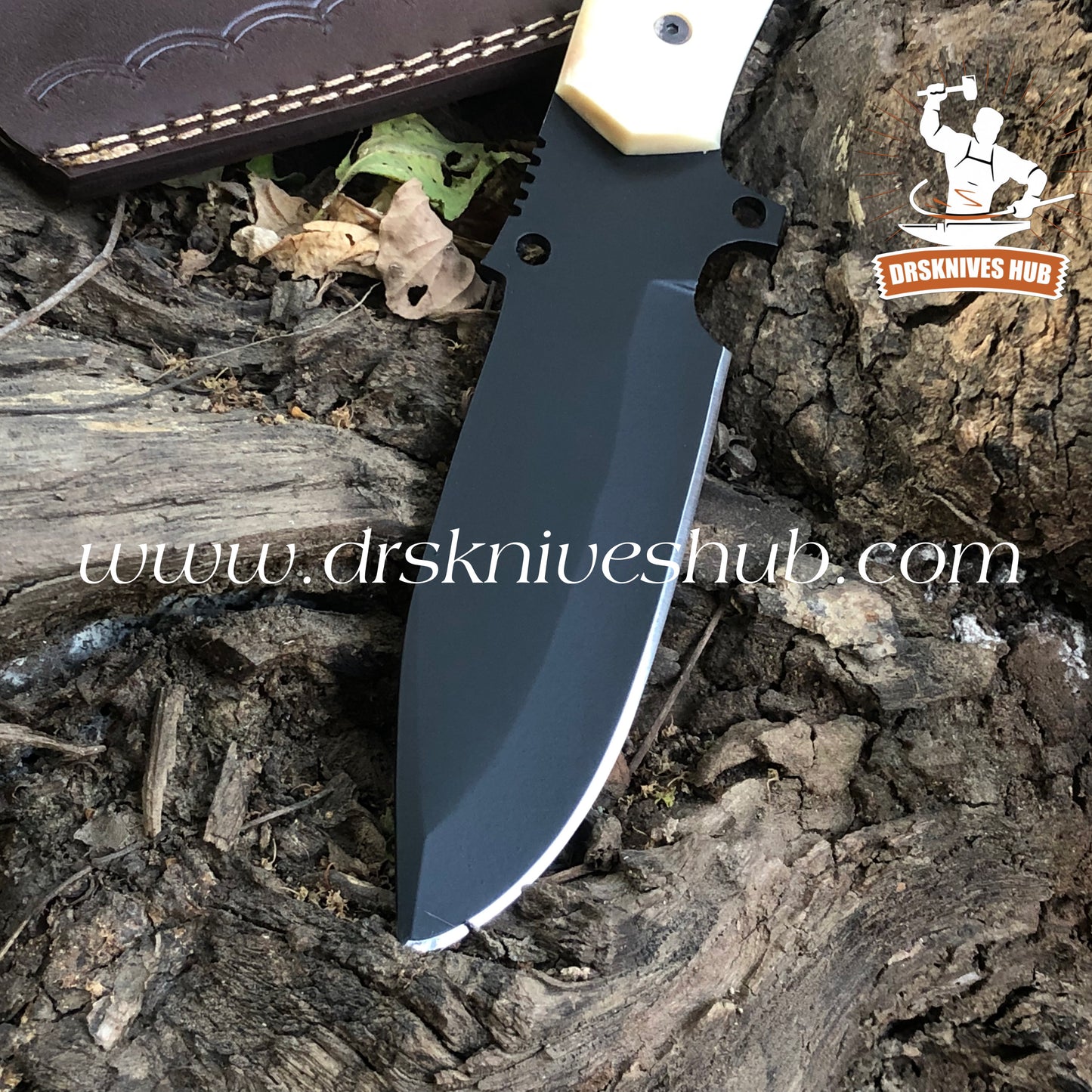 Custom Handmade Damascus Steel Powder Coated Blade Hunting Knife With Leather Sheath Cover