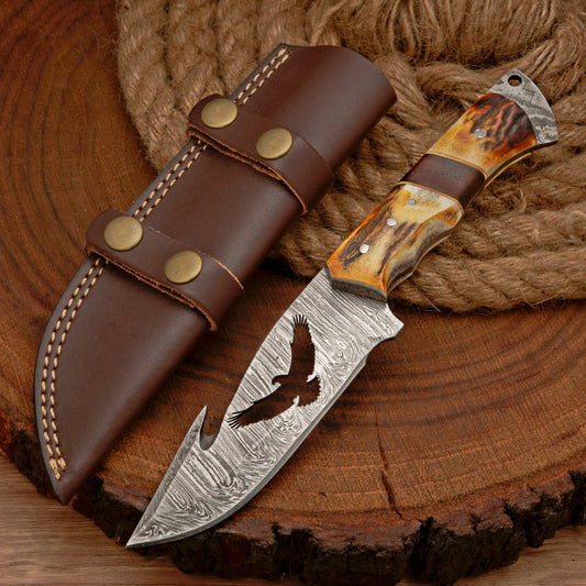 Full tang handmade Damascus steel hunting knife with leather wrap || drs knives hub