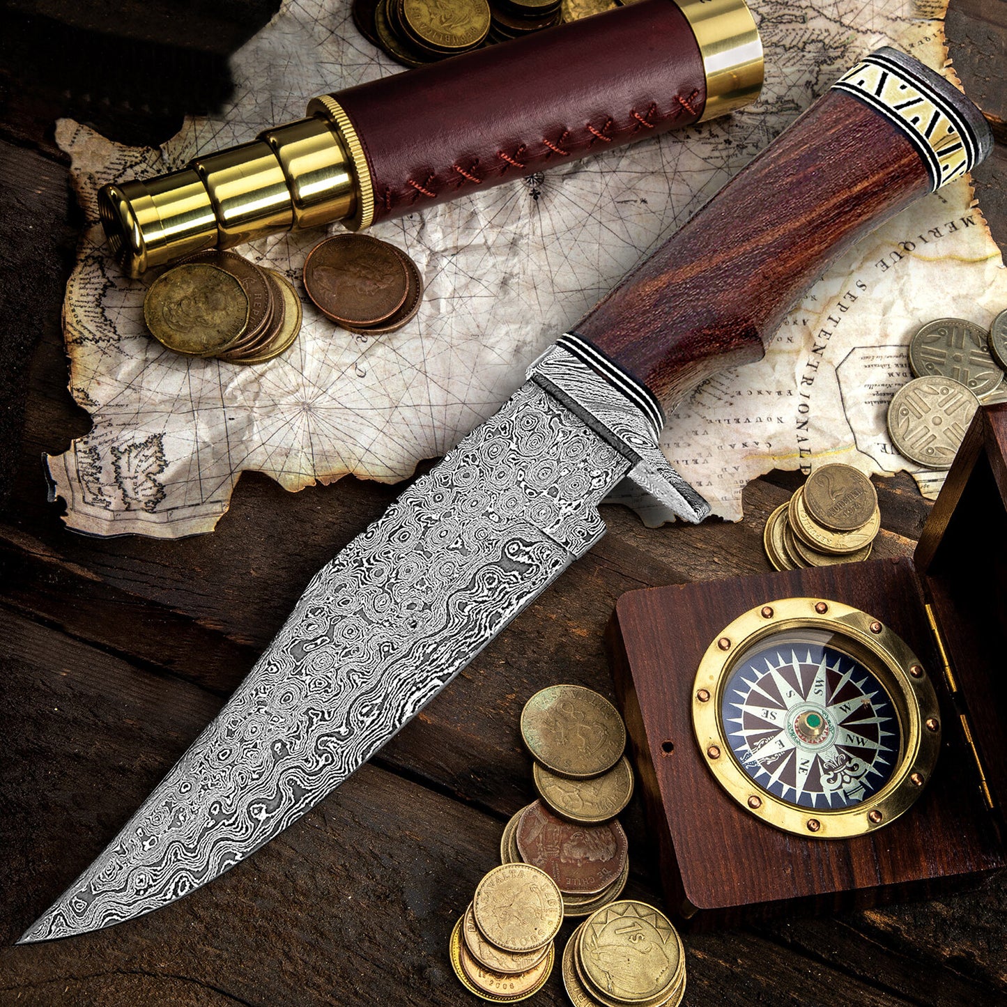 12” Damascus Steel Bowie Knife — Walnut & Brass Handcrafted Handle | DRSKNIVES HUB