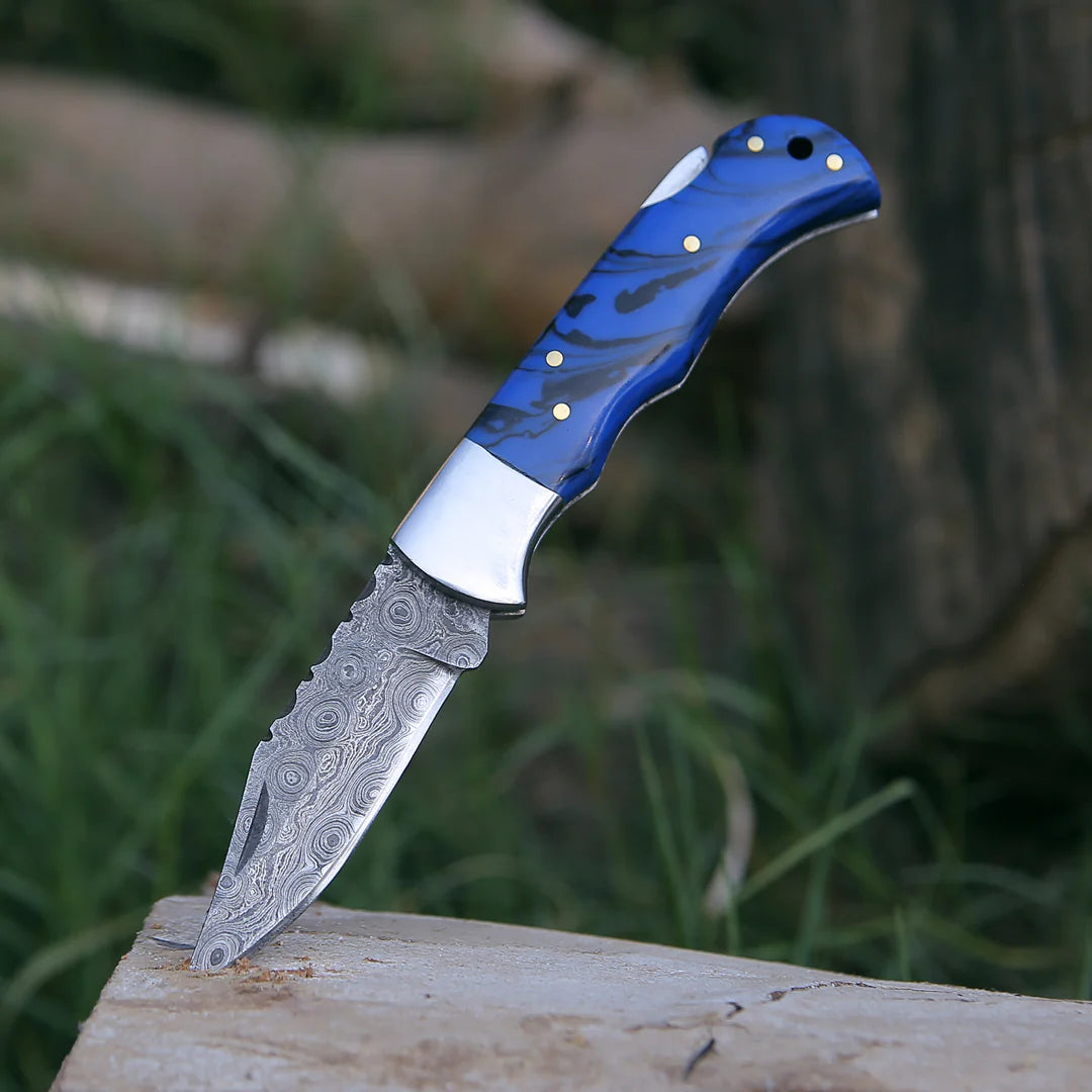 BLUE RESIN HANDLE DAMASCUS POCKET KNIFE WITH SHEATH || DRS KNIVES HUB