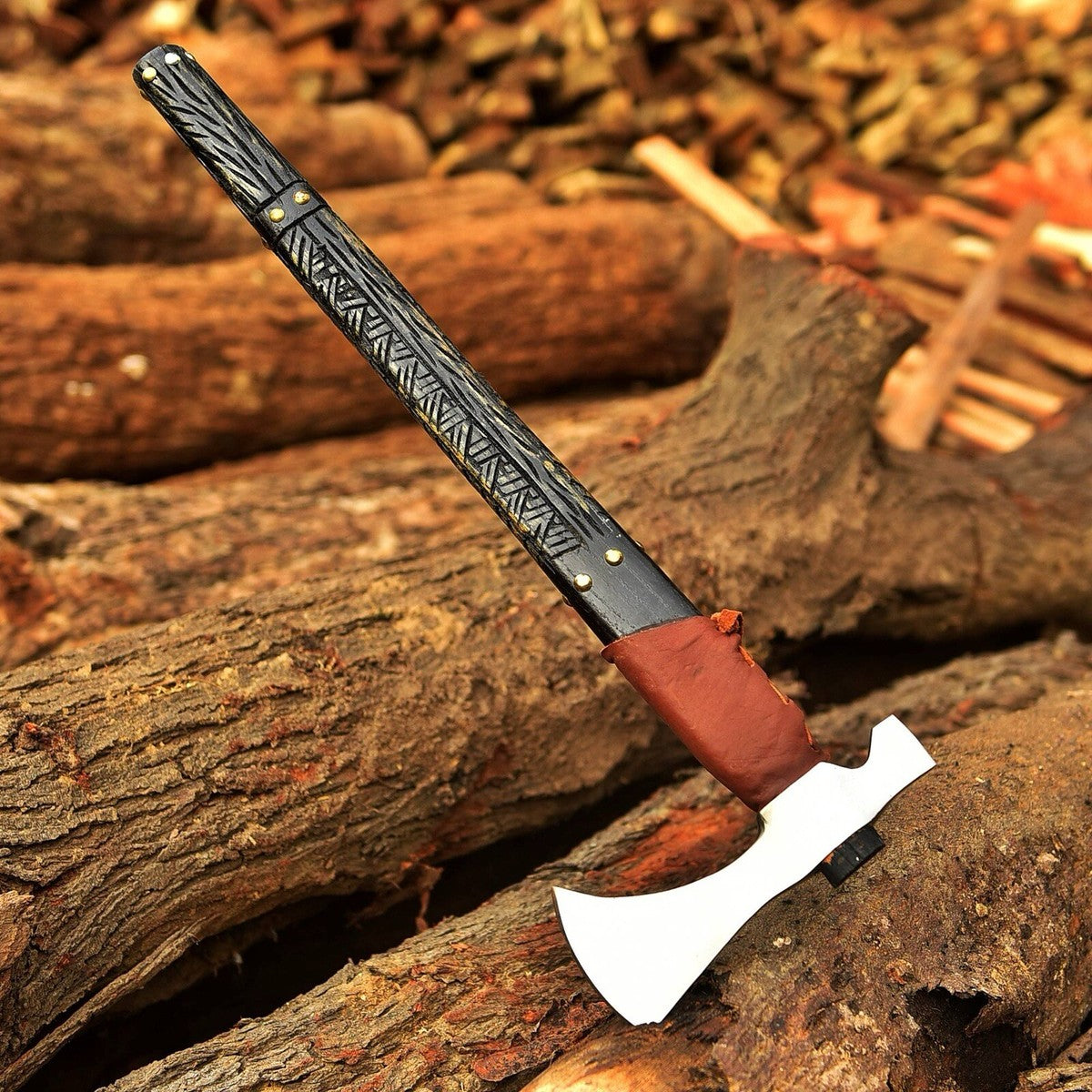 Hand-Forged Carbon Steel Viking Throwing Axe – Collectible Tomahawk Hatchet with Leather Grip & Sheath – 20” EDC Camping Axe USA | DRSKNIVES HUB 