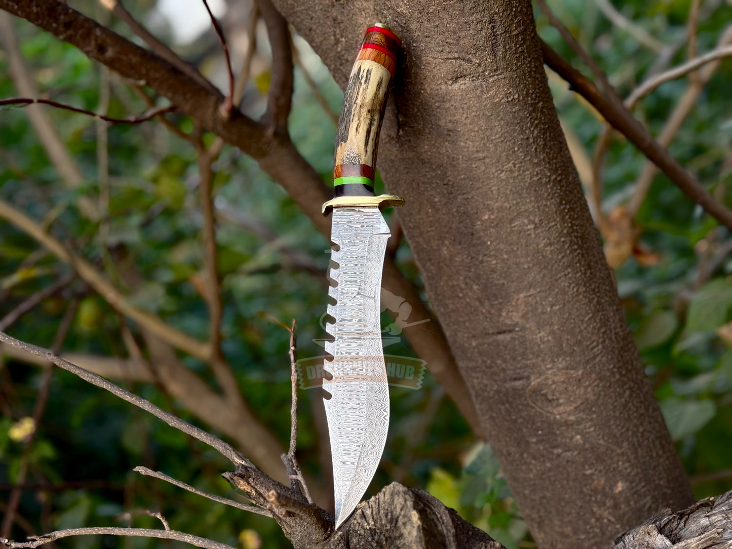 Handmade Damascus Steel Hunting Knife Stag Antler Handle Bowie Knife | DRSKNIVES HUB 