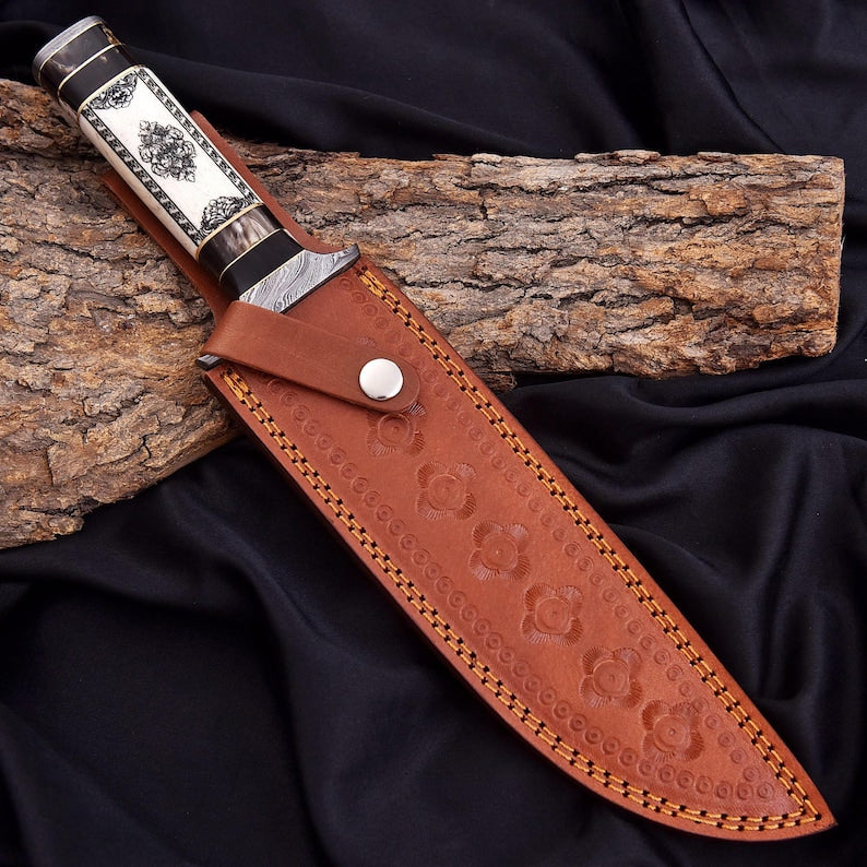 Handmade Damascus Steel Bowie Knife – Hand-Forged Hunting Knife with Camel Bone Handle & Premium Leather Sheath | DRSKNIVES HUB 