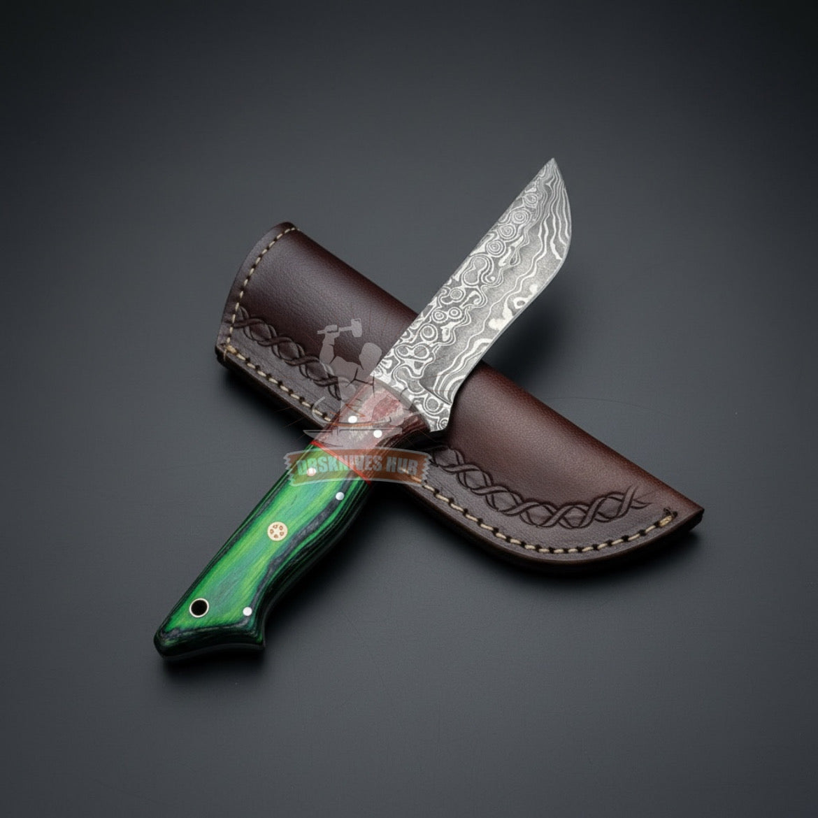 Damascus Hunting Knife 10" – Custom Wood Handle with Leather Sheath | DRSKNIVES HUB