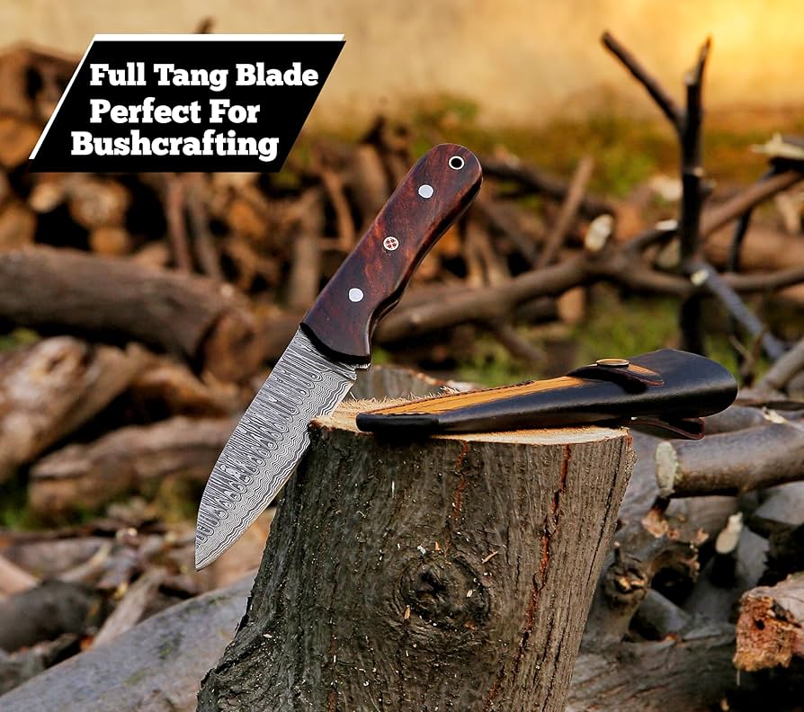 Full Tang Handmade Damascus Steel Blade Rose Wood Handle Hunting Knife With Leather Sheath Cover