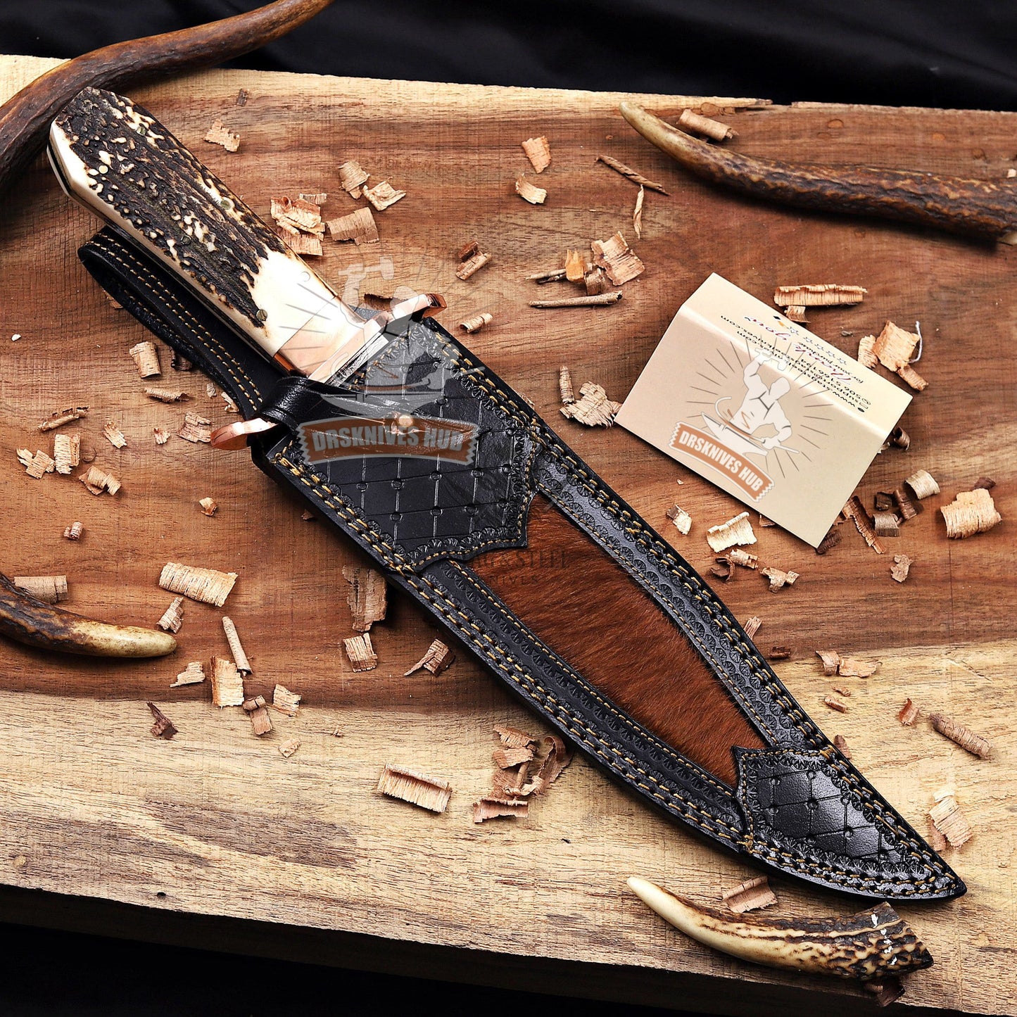 17” Inches Copper Damascus Full Tang Bowie With Leather Sheath and Wooden Box