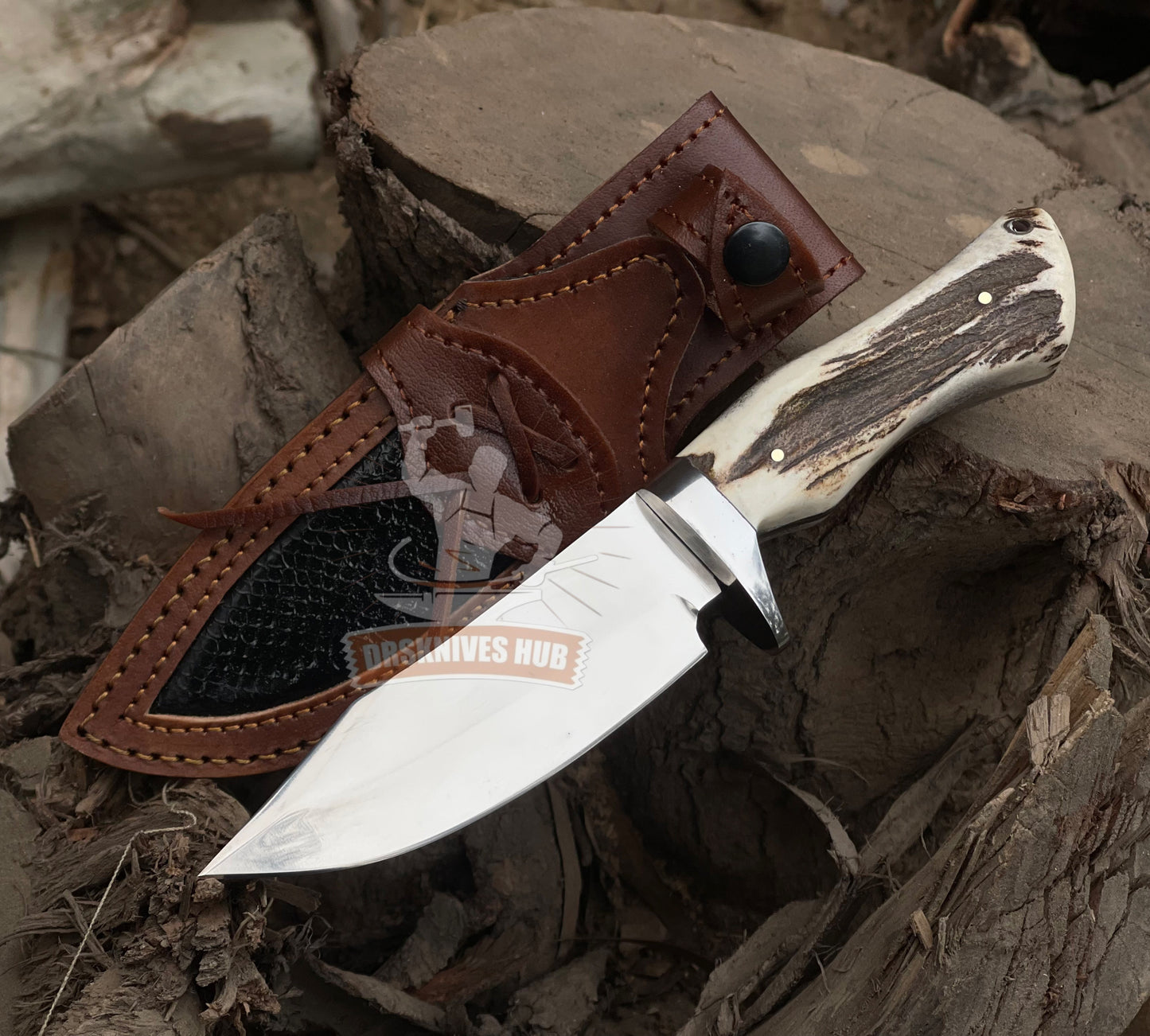 Handmade D2 Steel Hunting Knife: Stag Horn Handle, Leather Sheath