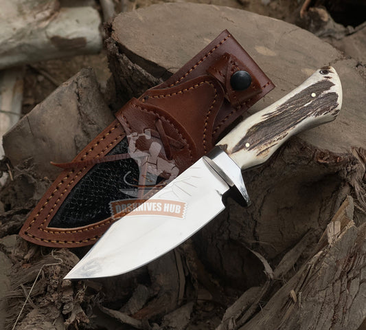 Handmade D2 Steel Hunting Knife: Stag Horn Handle, Leather Sheath