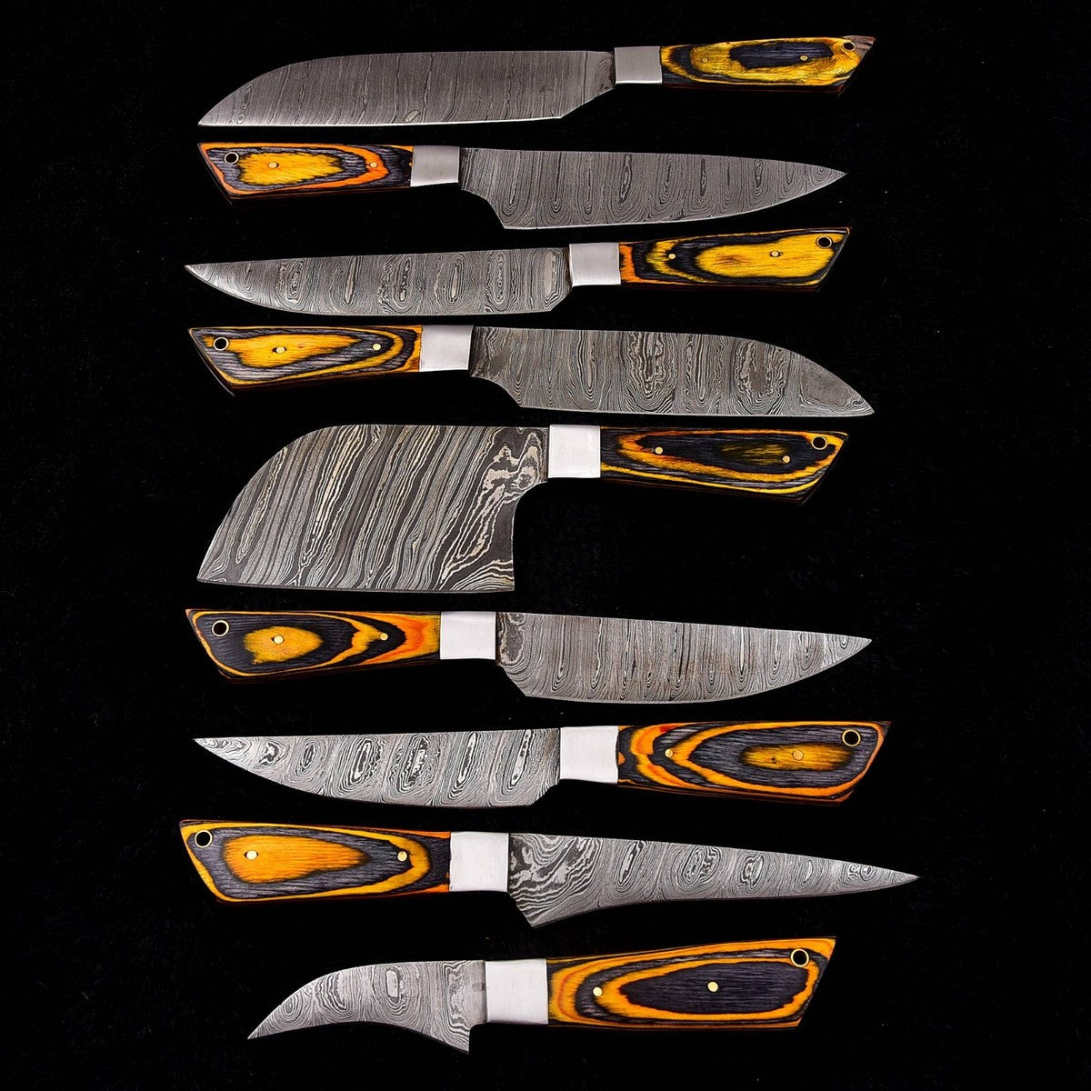 Damascus Chef Knife Set 9 Piece – Wood Handle with Leather Bag | DRSKNIVES HUB