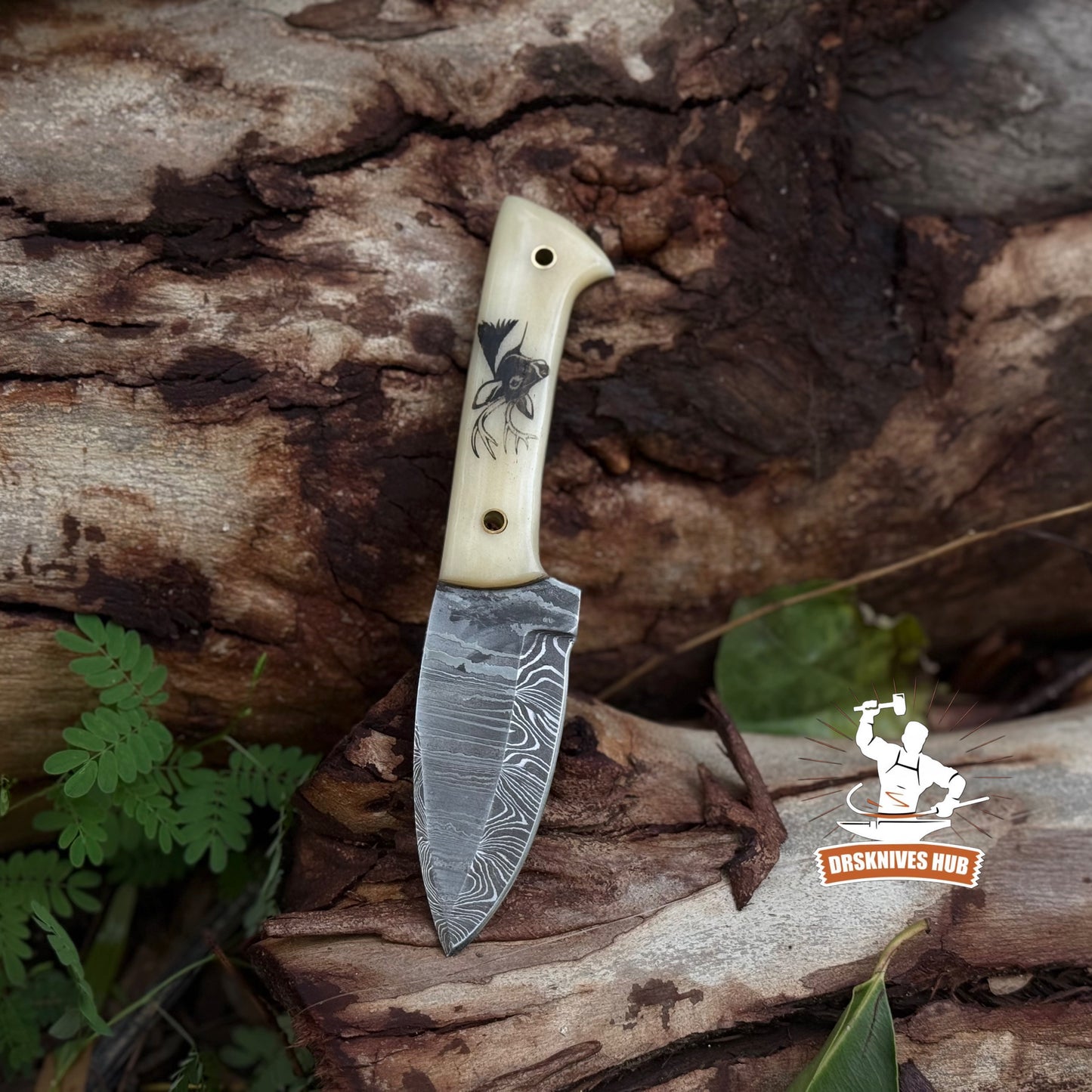 Handmade Damascus Hunting Skinner Knife Bone Handle with Deer Print | DRSKNIVES HUB