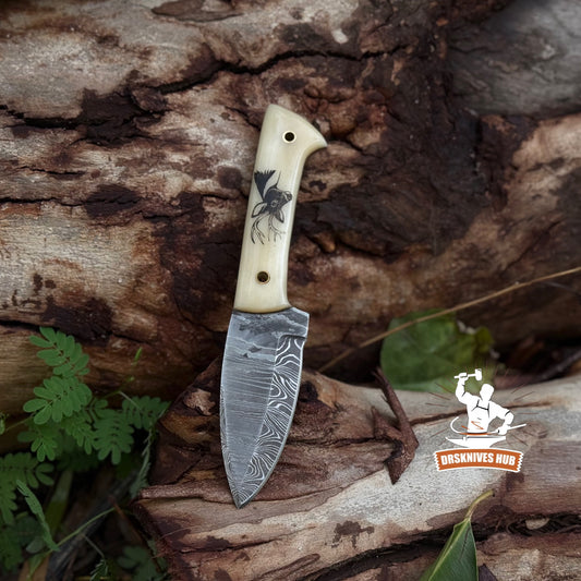 Handmade Damascus Hunting Skinner Knife Bone Handle with Deer Print | DRSKNIVES HUB