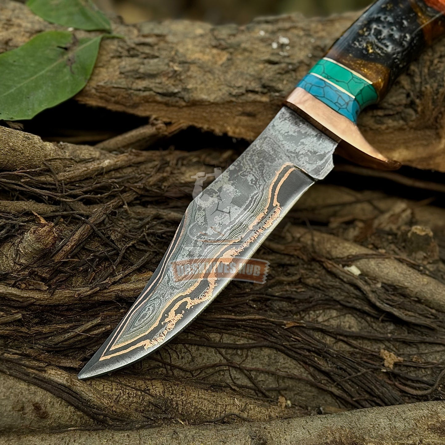 Hand Forged Copper Damascus Knife | Full Tang 12” Bowie | Resin & Stone Handle | Handmade Leather Sheath | DRSKNIVES HUB
