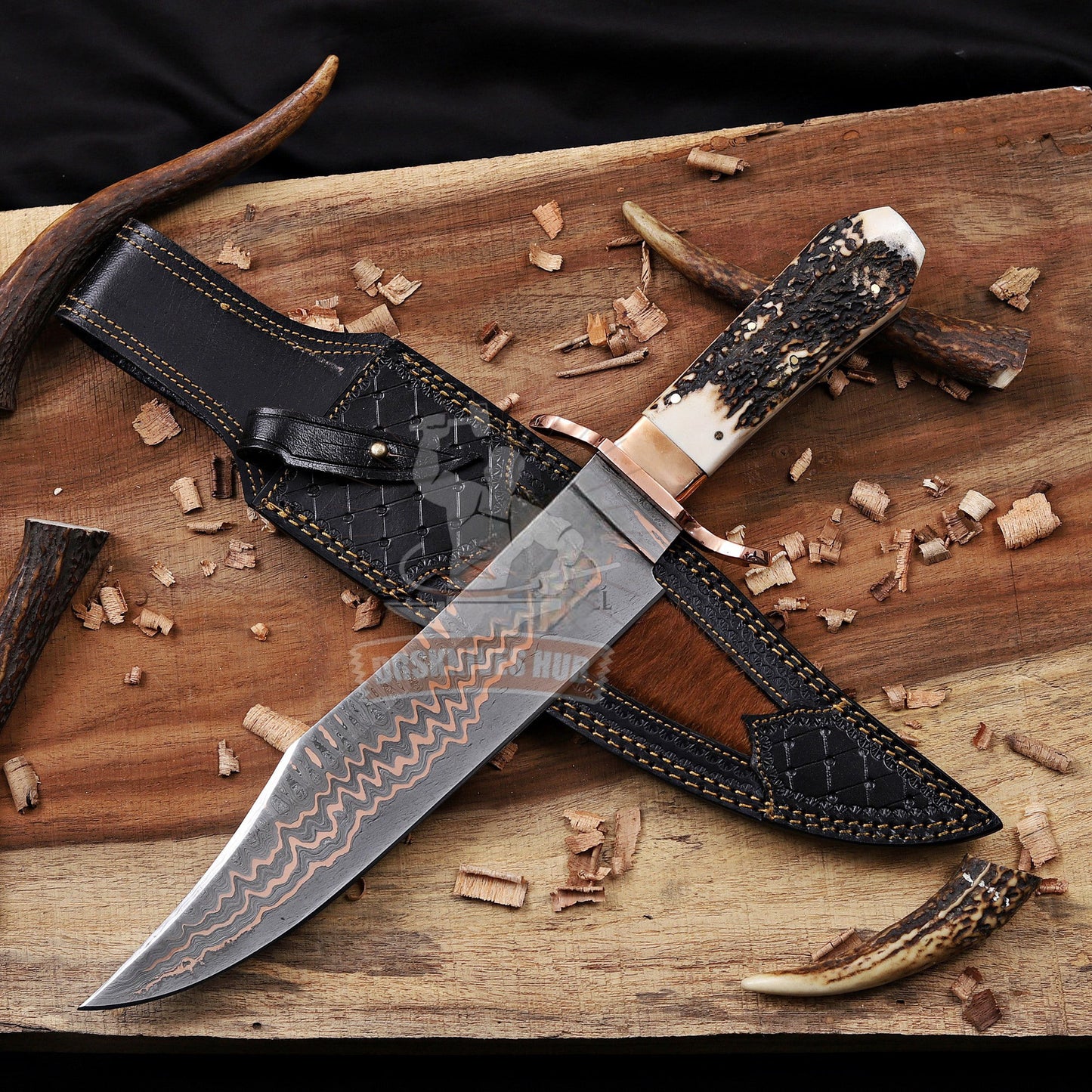 17” Inches Copper Damascus Full Tang Bowie With Leather Sheath and Wooden Box
