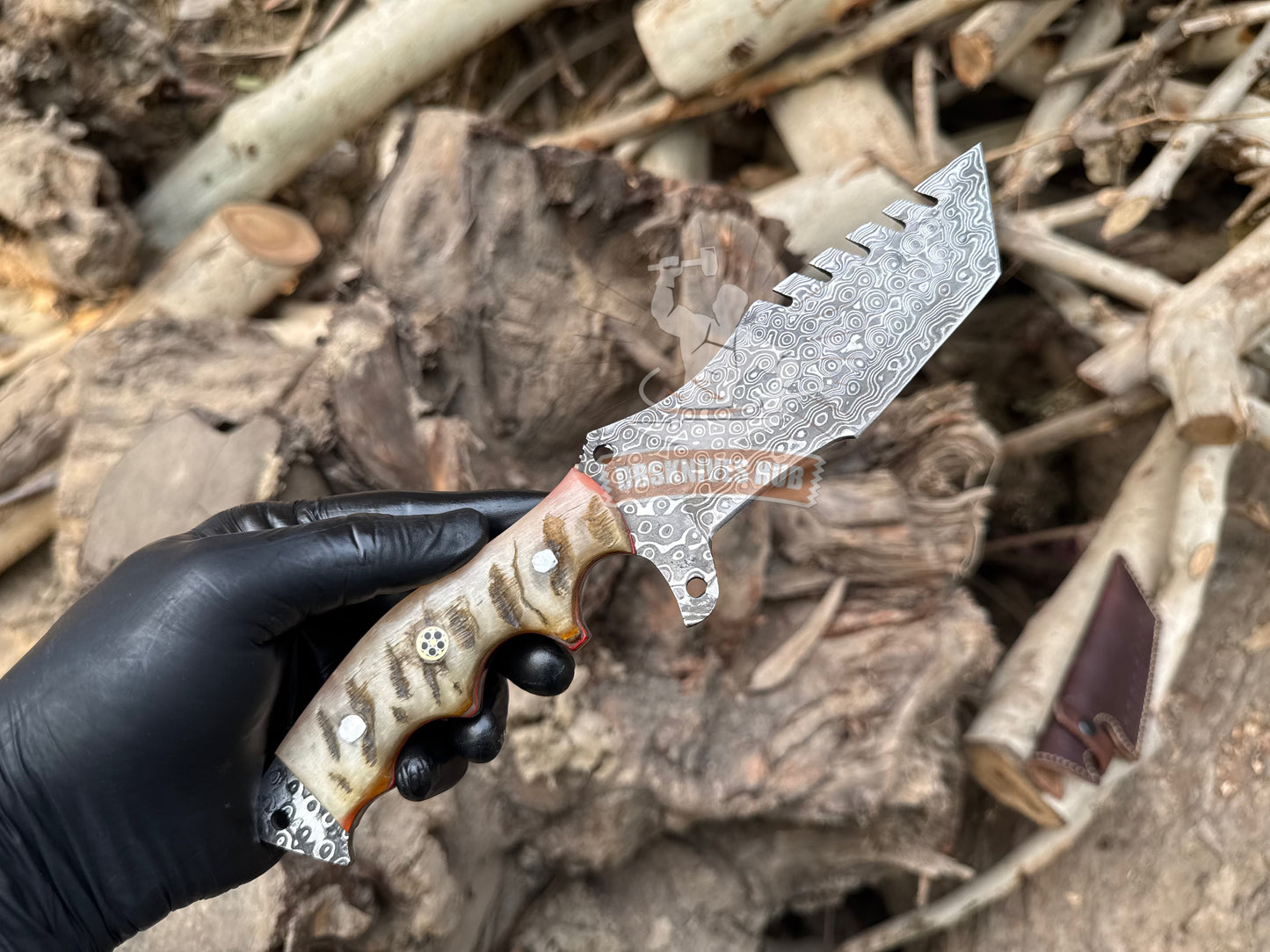Damascus Tracker Knife 10.5" – Rain Drop Pattern with Sheath | DRSKNIVES HUB