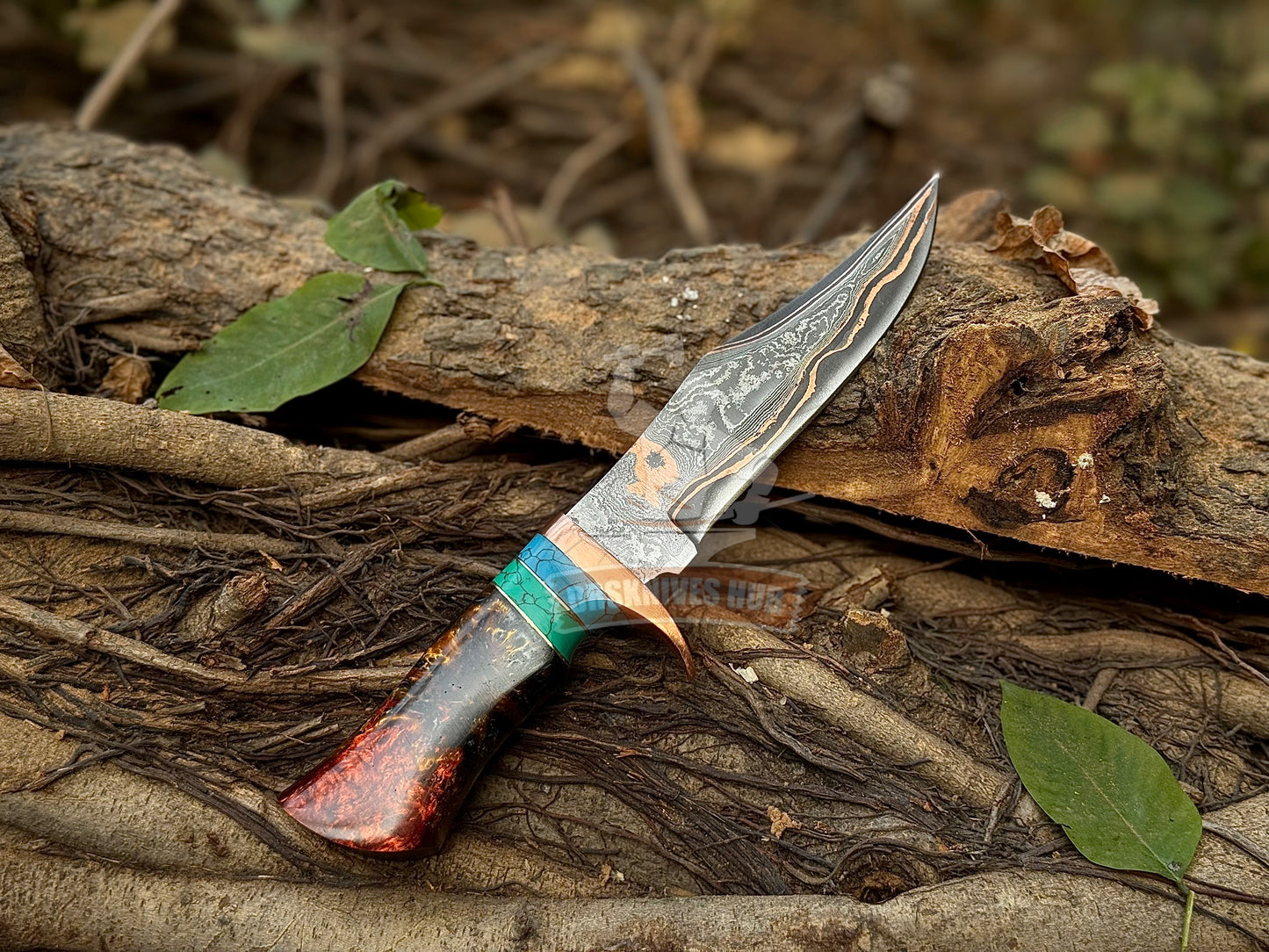 Hand Forged Copper Damascus Knife | Full Tang 12” Bowie | Resin & Stone Handle | Handmade Leather Sheath | DRSKNIVES HUB