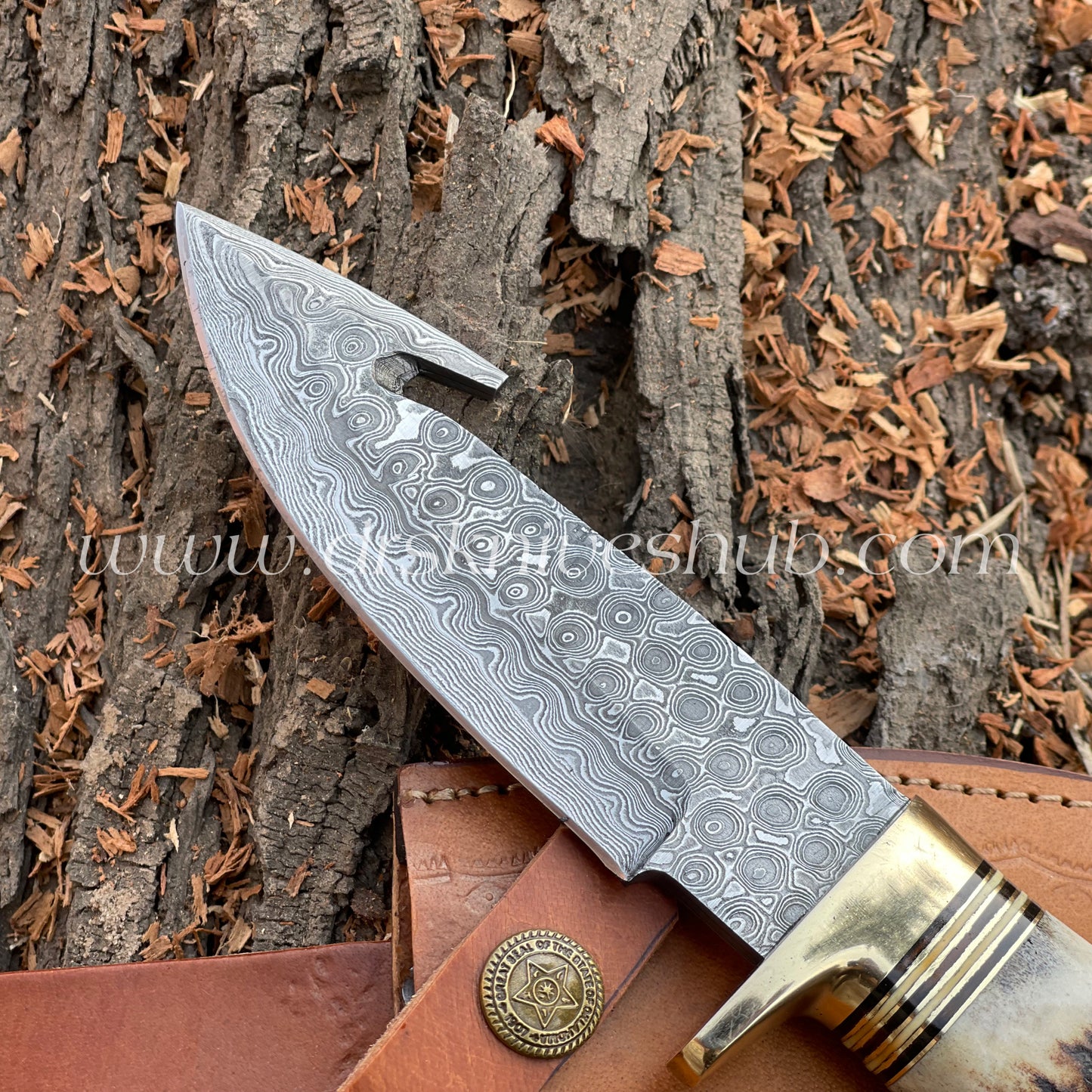 9” Handmade Damascus Steel Gut Hook Knife Deer Horn Handle Knife