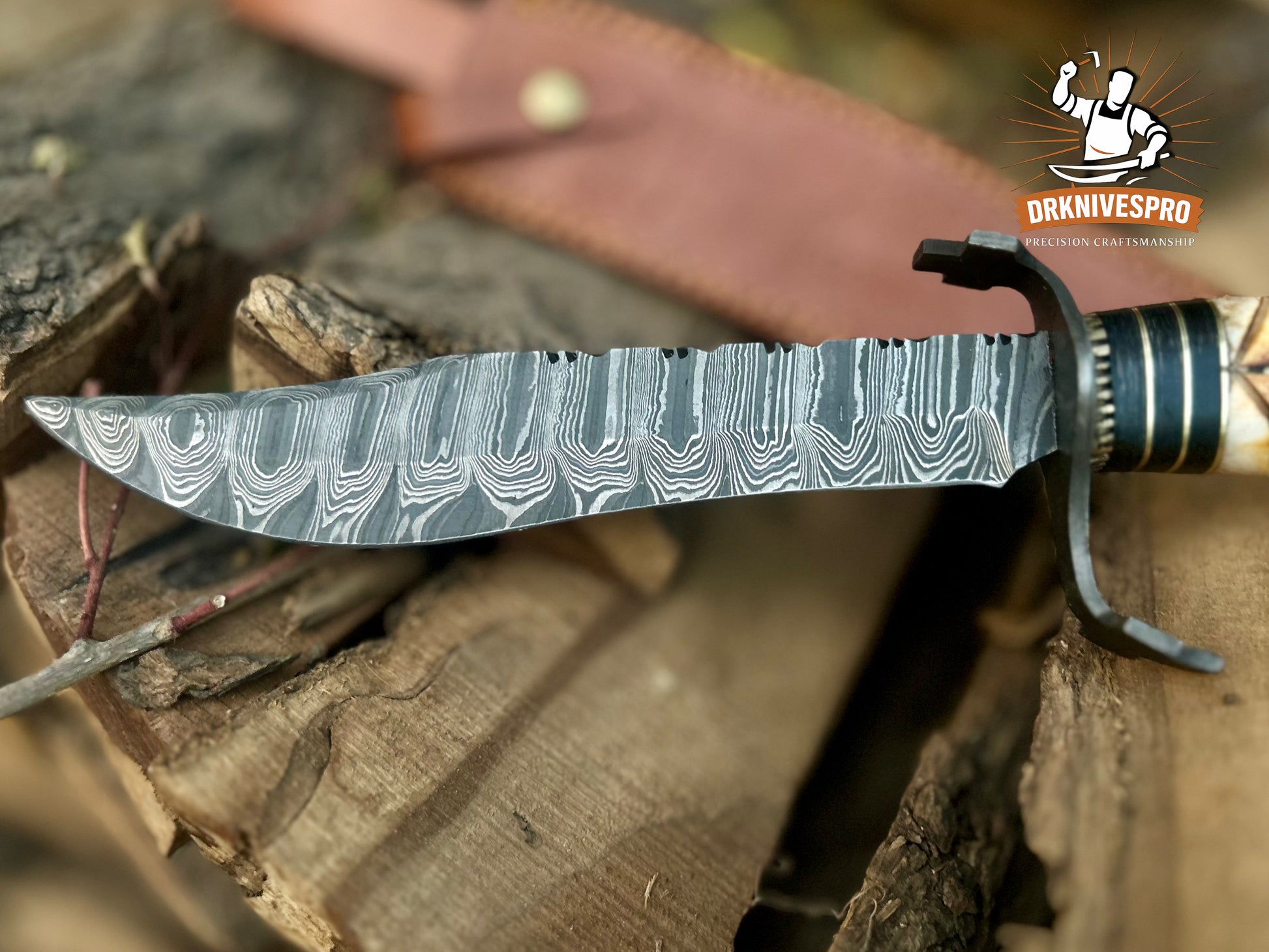 14” Custom Handmade Damascus Steel Bowie Knife – Fire Bone Handle with Leather Sheath | DRSKNIVES HUB
