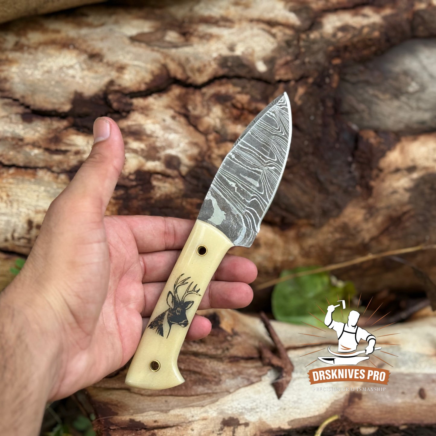 Handmade Damascus Hunting Skinner Knife Bone Handle with Deer Print | DRSKNIVES HUB