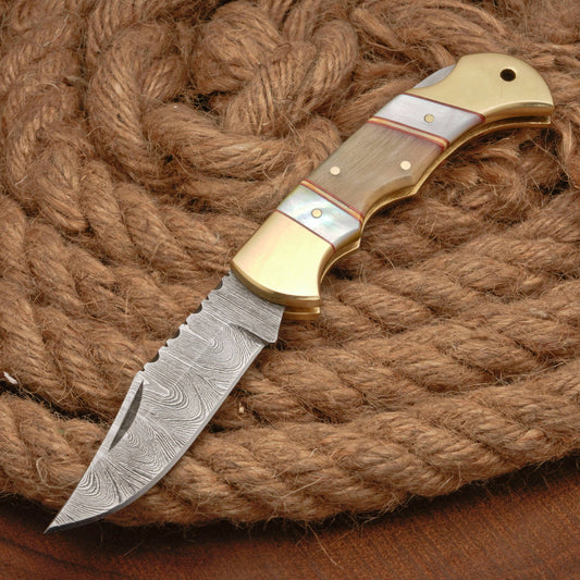 Custom handmade Damascus steel pocket knife with leather pouch || drs knives hub