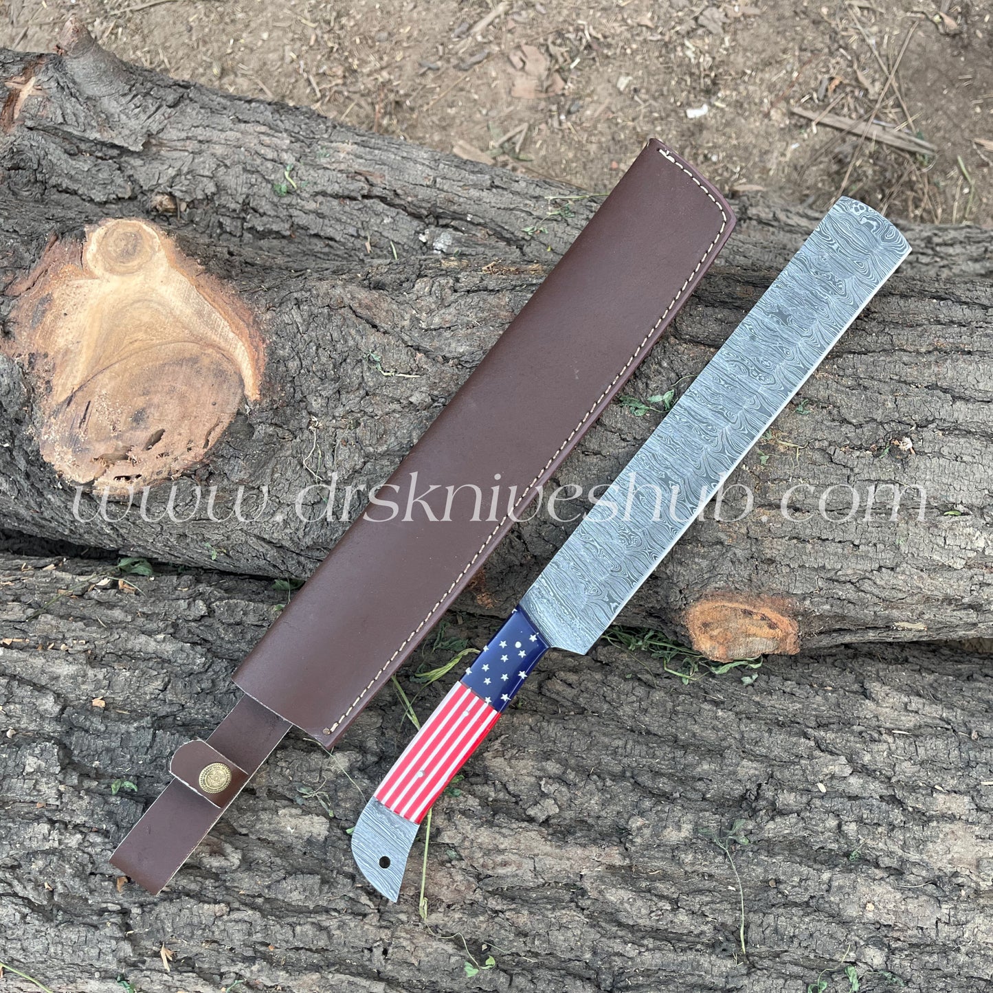 Brisket Knife With Leather Cover Custom Made Damascus Steel Blade BBQ Knife Bread Knife. Christmas Gift