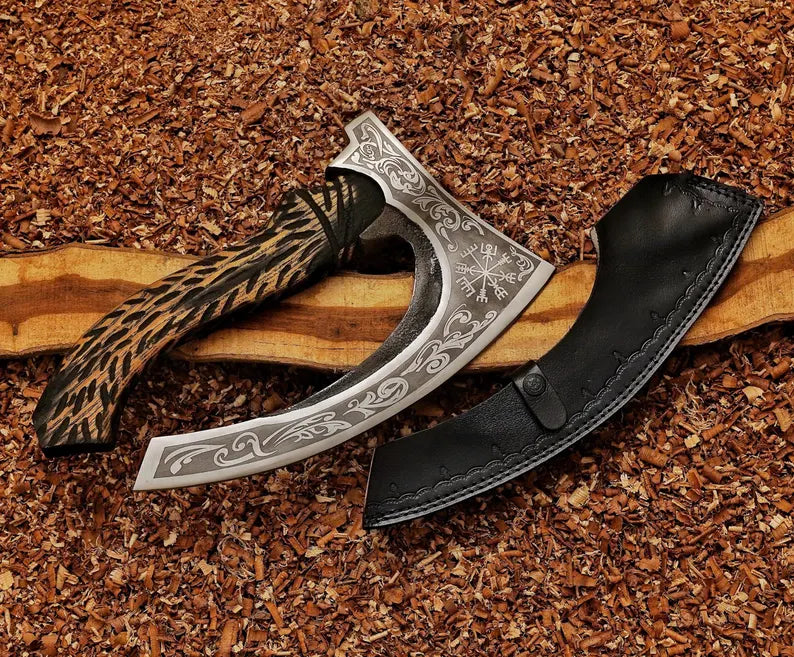 CUSTOM HANDMADE VIKING PIZZA CUTTER AXE WITH LEATHER COVER || DRS KNIVES HUB