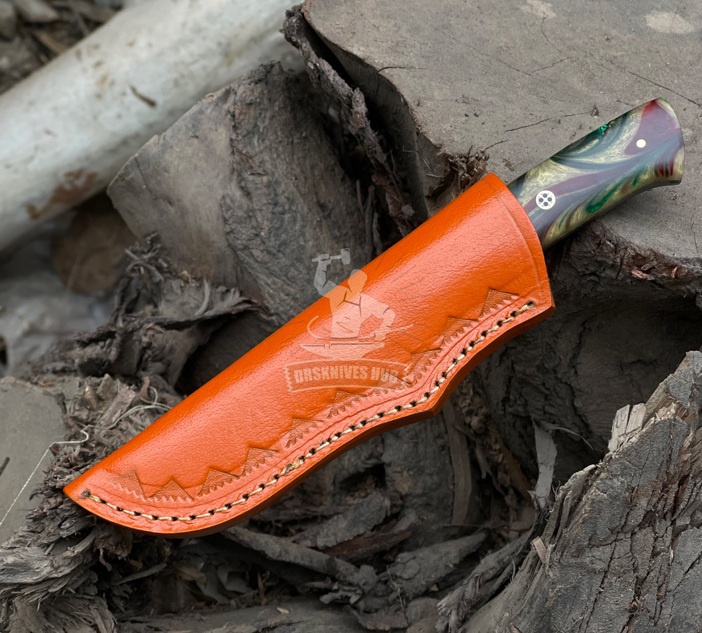 Western knife Handmade copper Damascus hunting knife with leather sheath