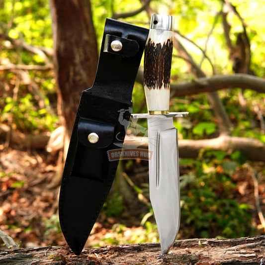 Handmade D2 Steel Bowie Knife: Stag Antler Handle, Leather Sheath